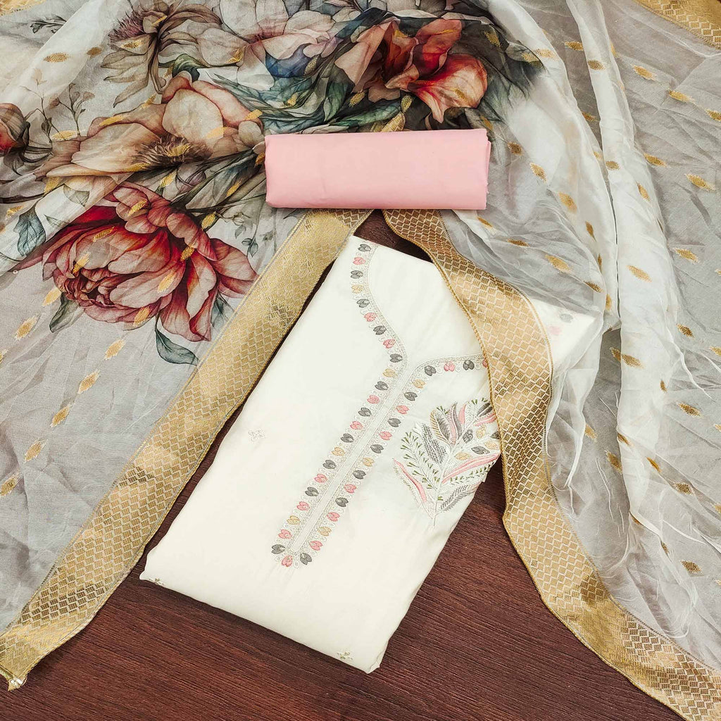 Offwhite Floral Embroidered Cotton Silk Dress Material