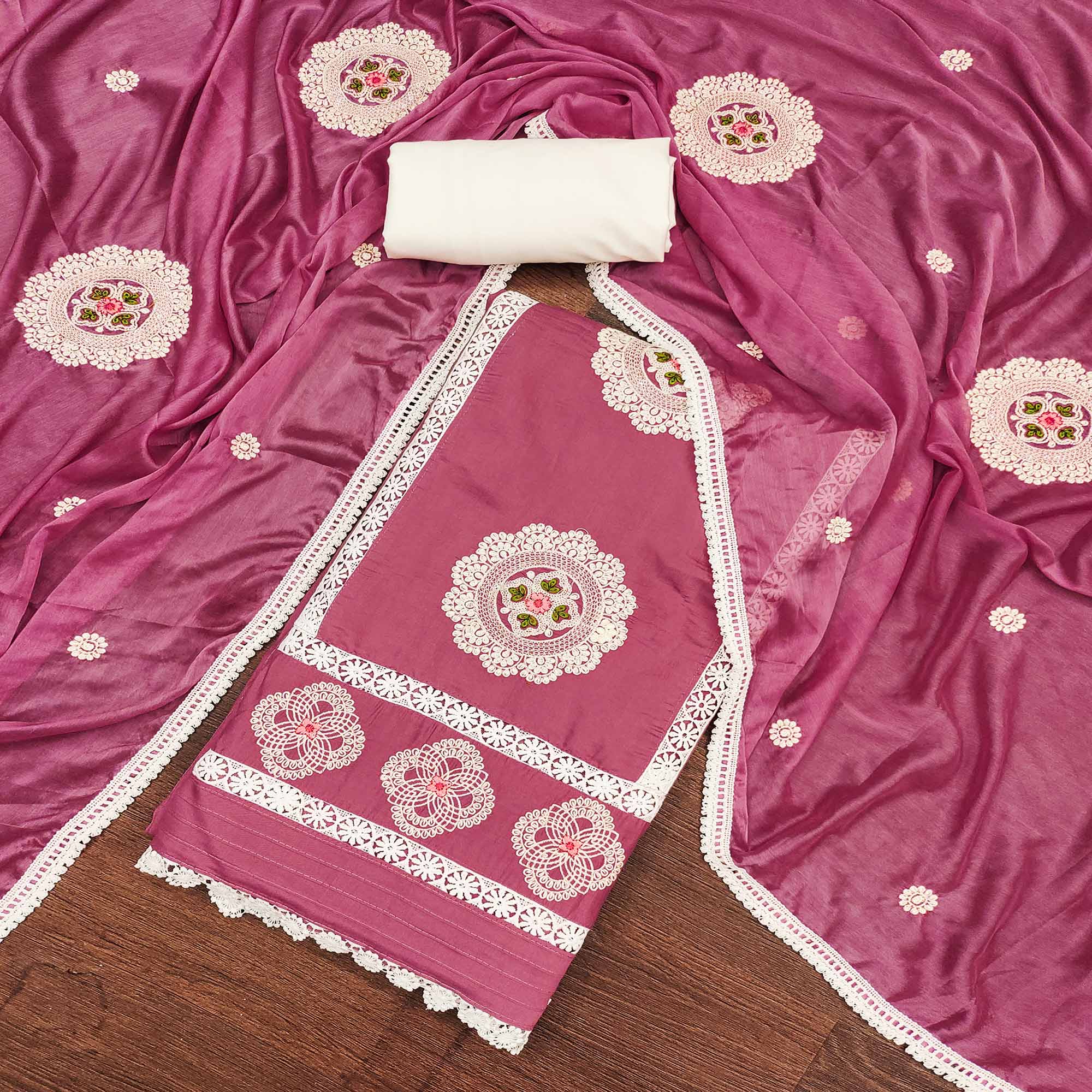 Pink Floral Embroidered Cotton Silk Dress Material