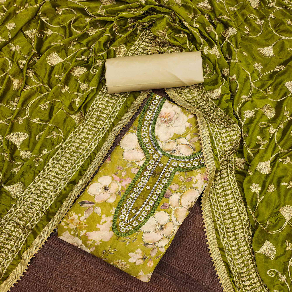 Green Floral Printed With Hand Embroidered Viscose Dress Material