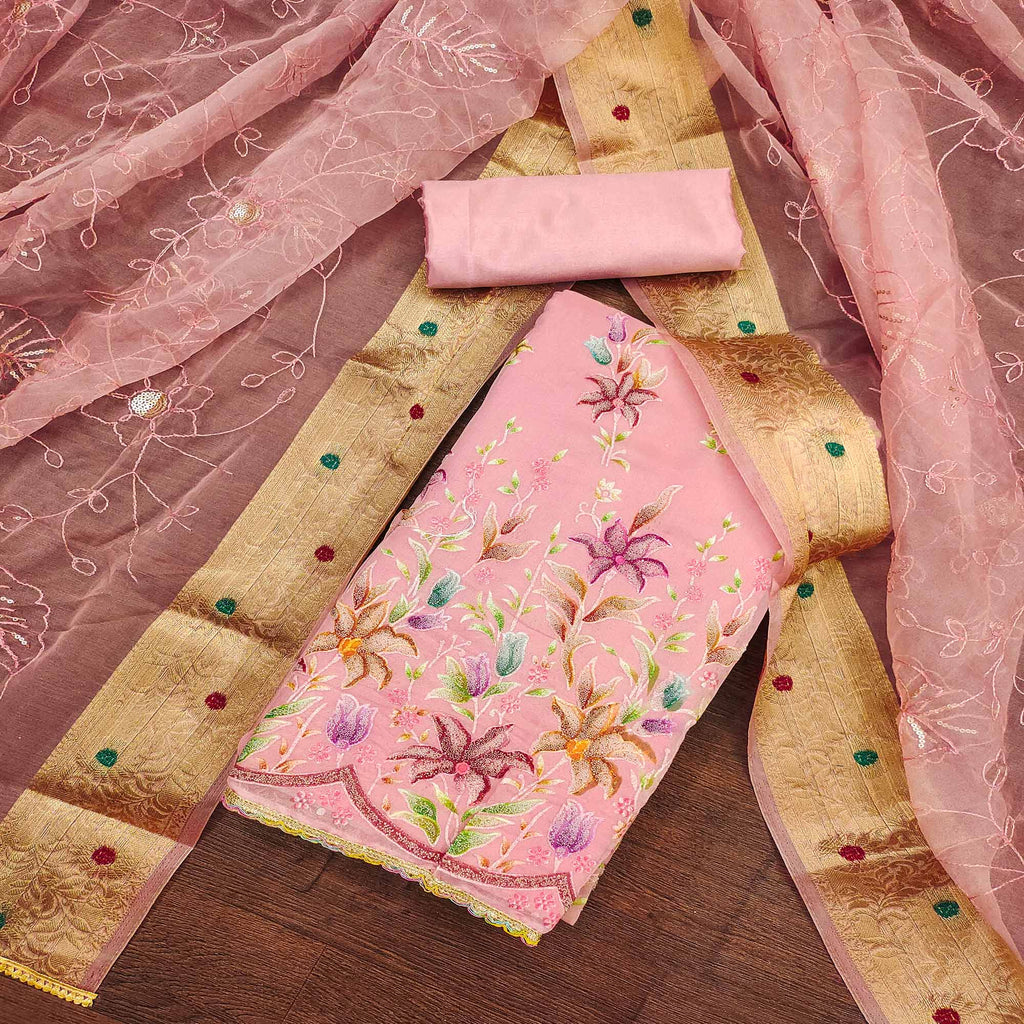 Peach Floral Hand Embroidered Organza Dress Material