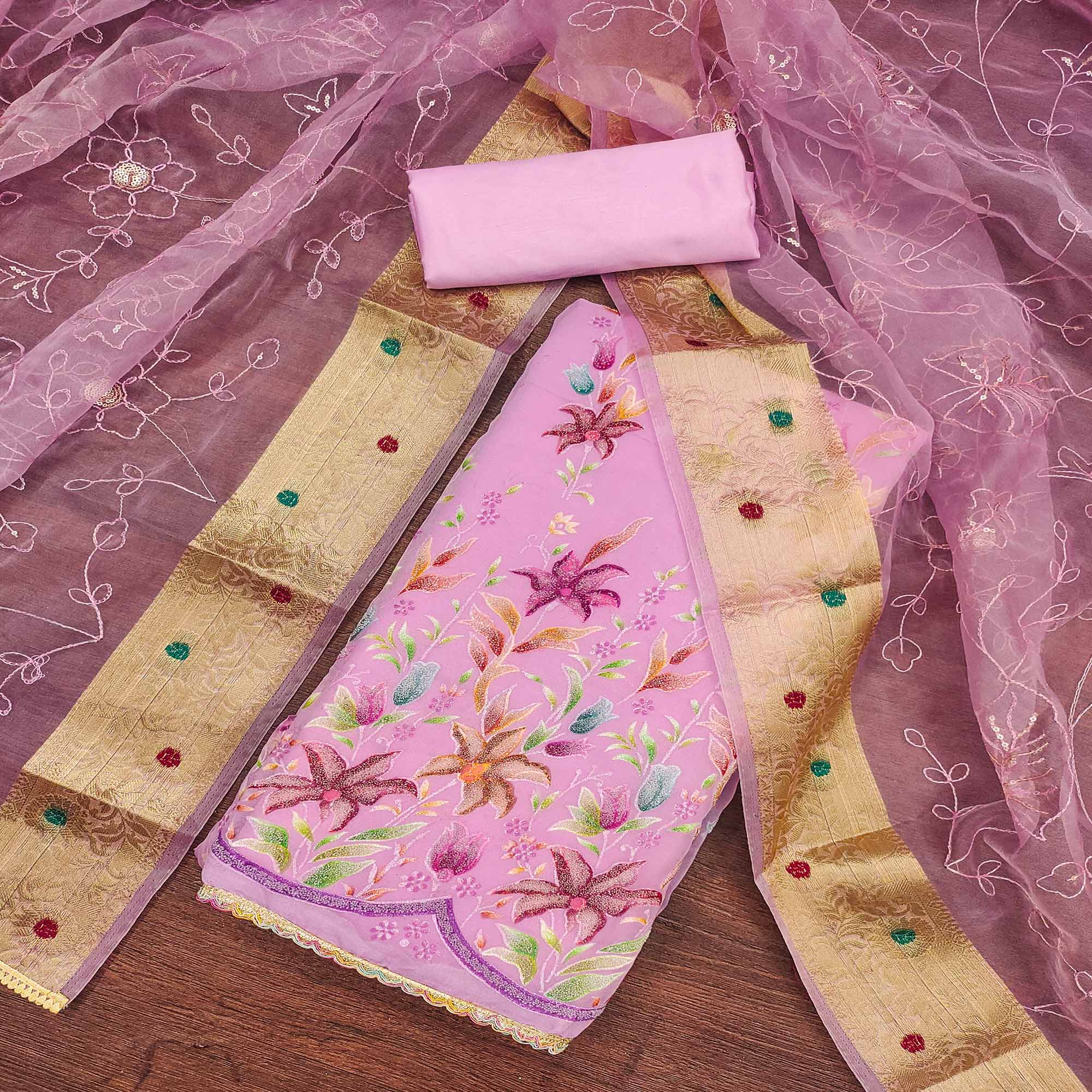 Pink Floral Hand Embroidered Organza Dress Material