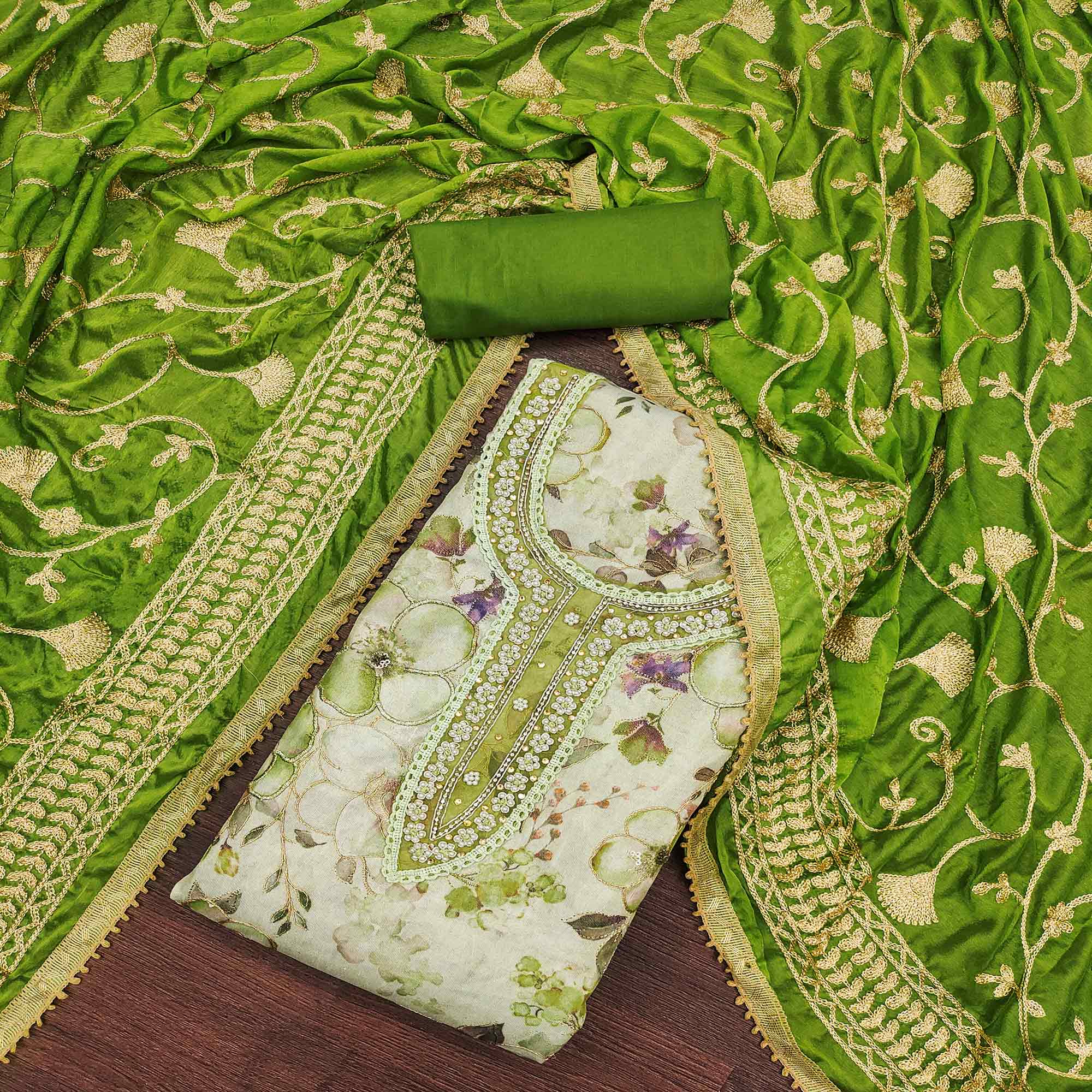Green Floral Digital Printed With Hand Embroidery Viscose Dress Material