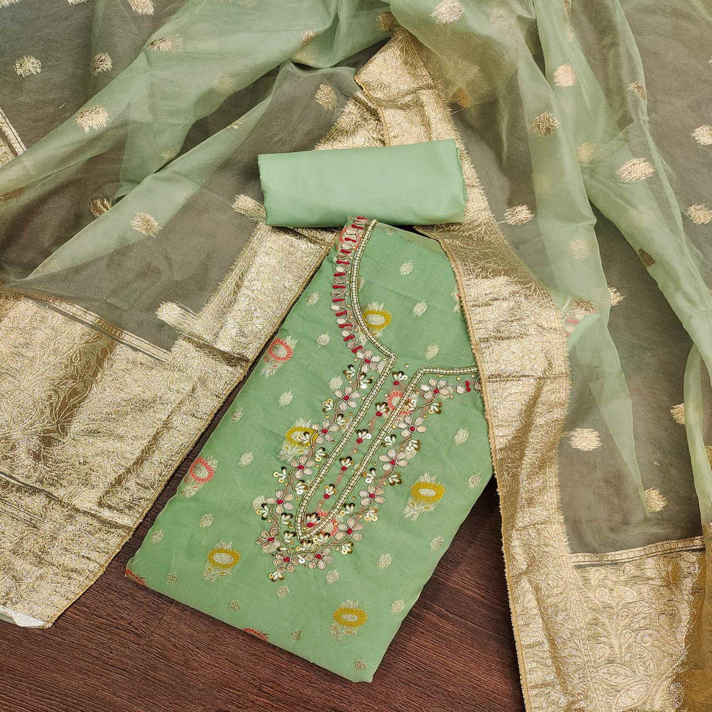 Green Woven With Handwork Organza Dress Material