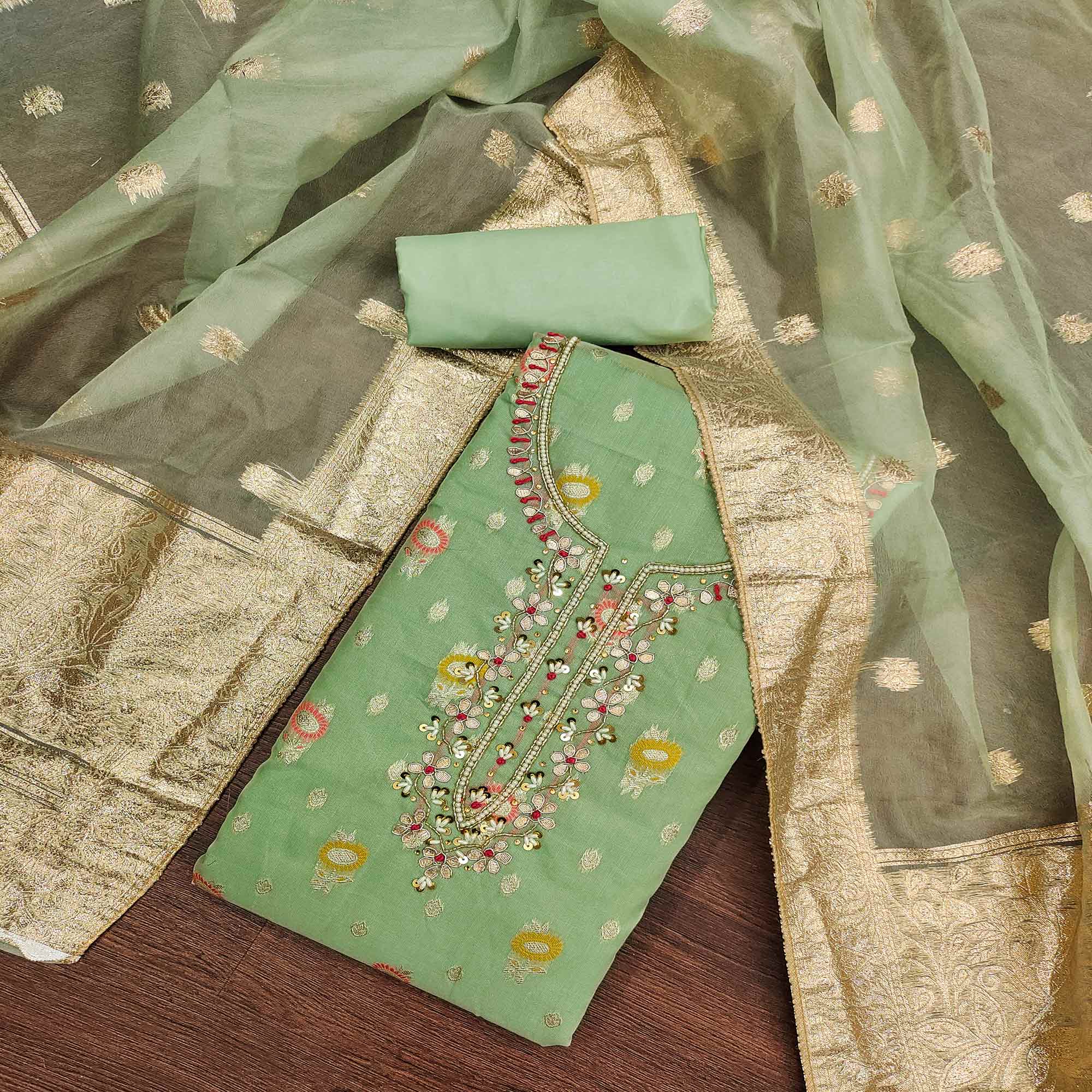 Green Woven With Handwork Organza Dress Material