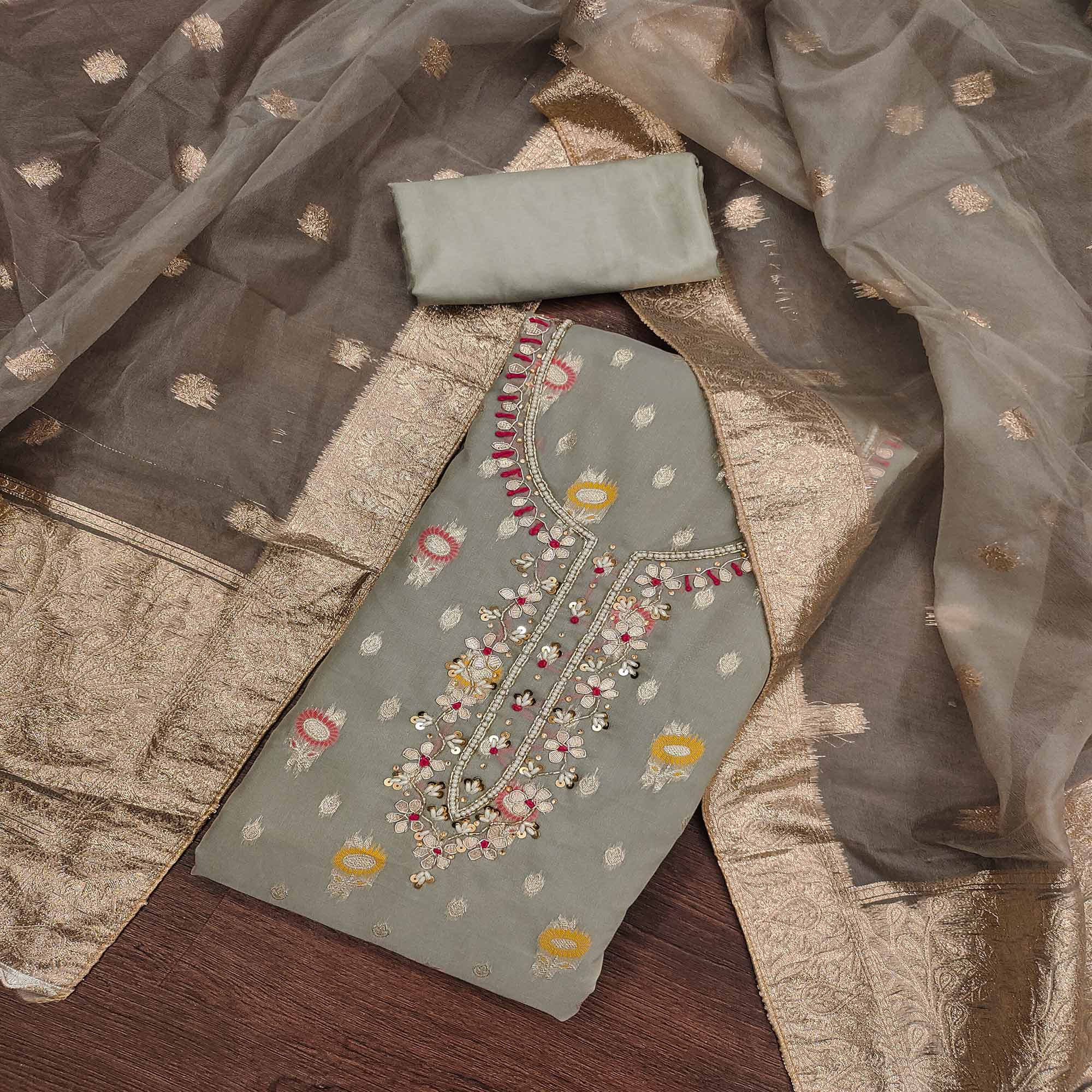 Grey Woven With Handwork Organza Dress Material