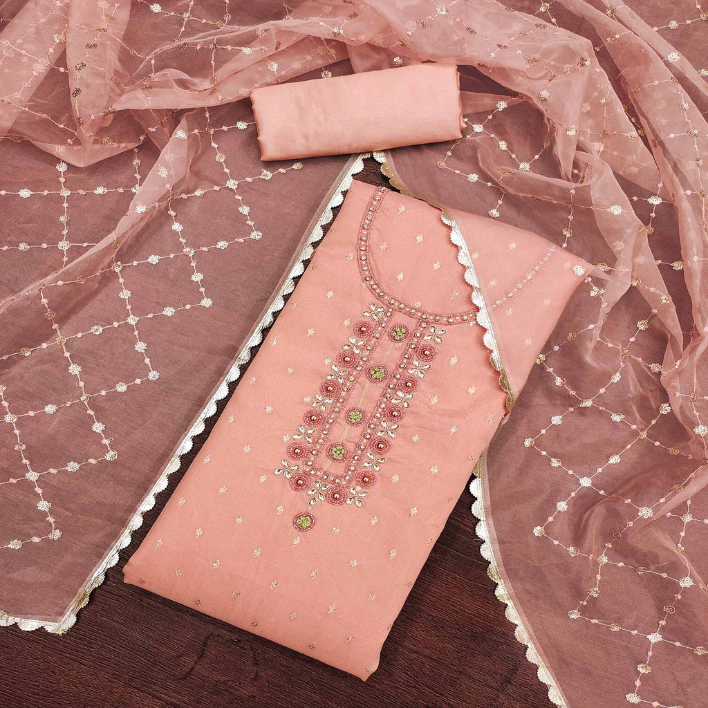 Peach Woven With Handwork Organza Dress Material