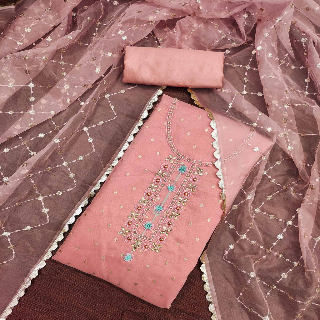 Pink Woven With Handwork Organza Dress Material