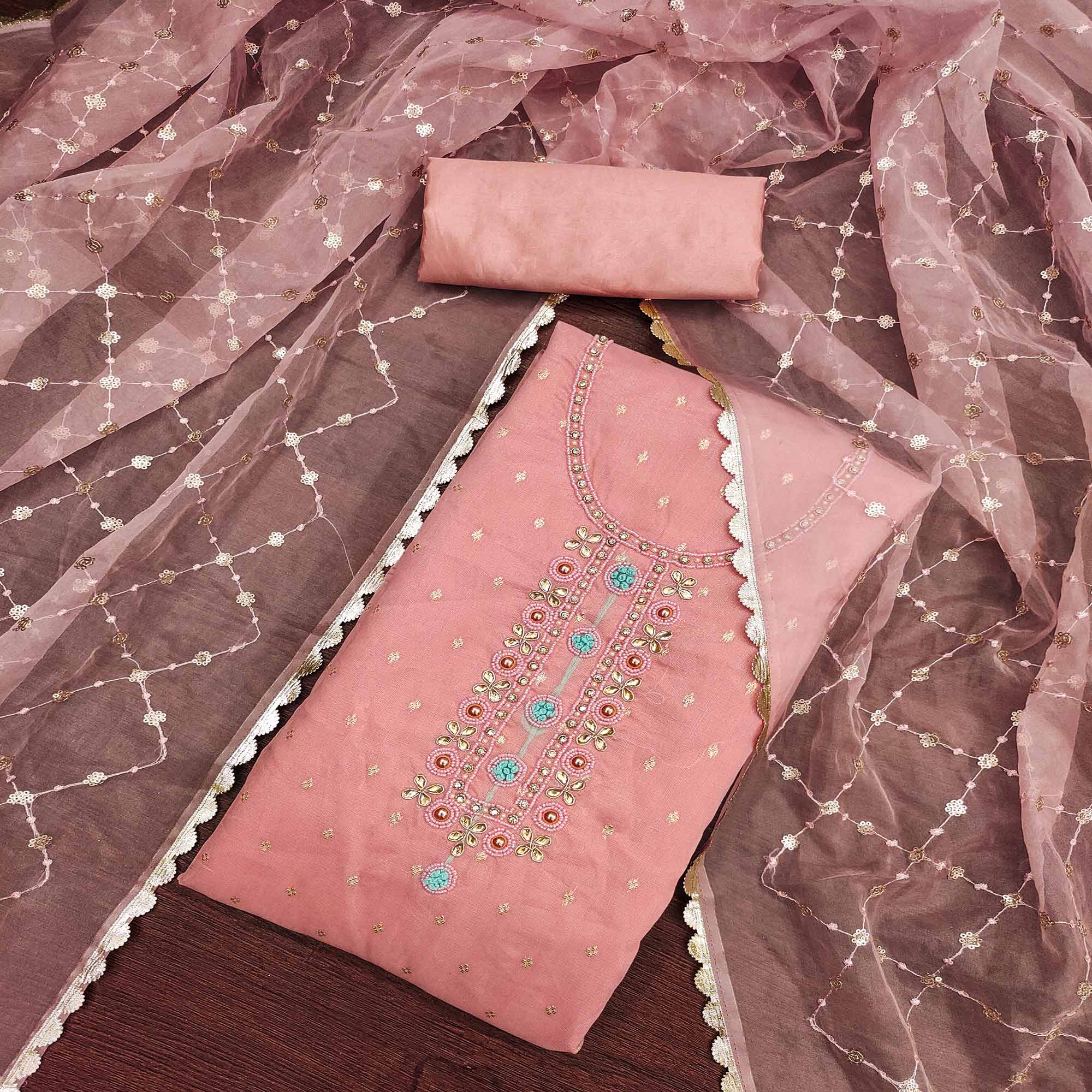 Pink Woven With Handwork Organza Dress Material