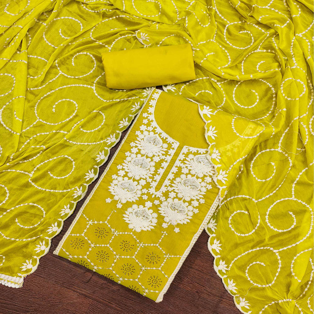 Green Floral Sequins Embroidered Chanderi Silk Dress Material