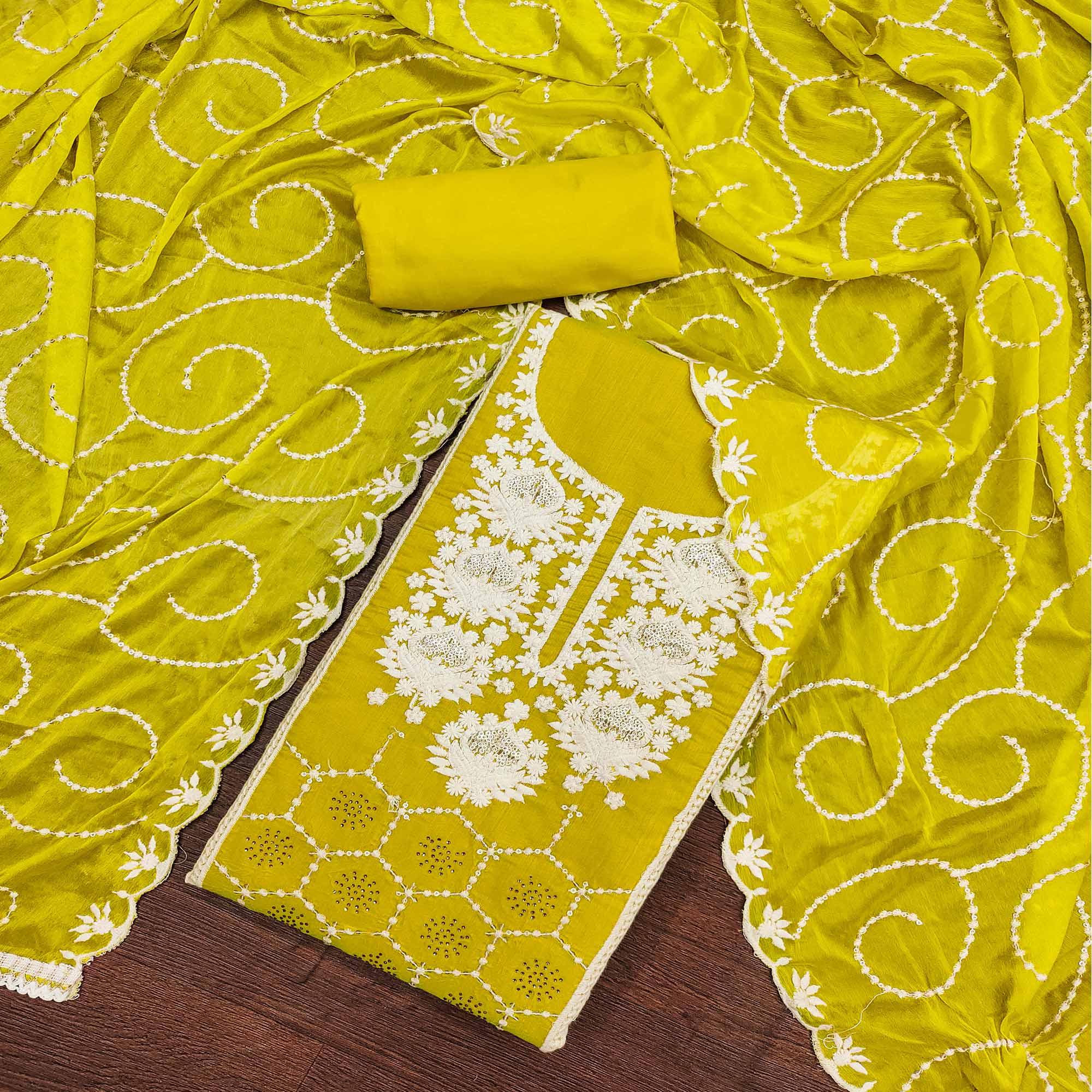 Green Floral Sequins Embroidered Chanderi Silk Dress Material