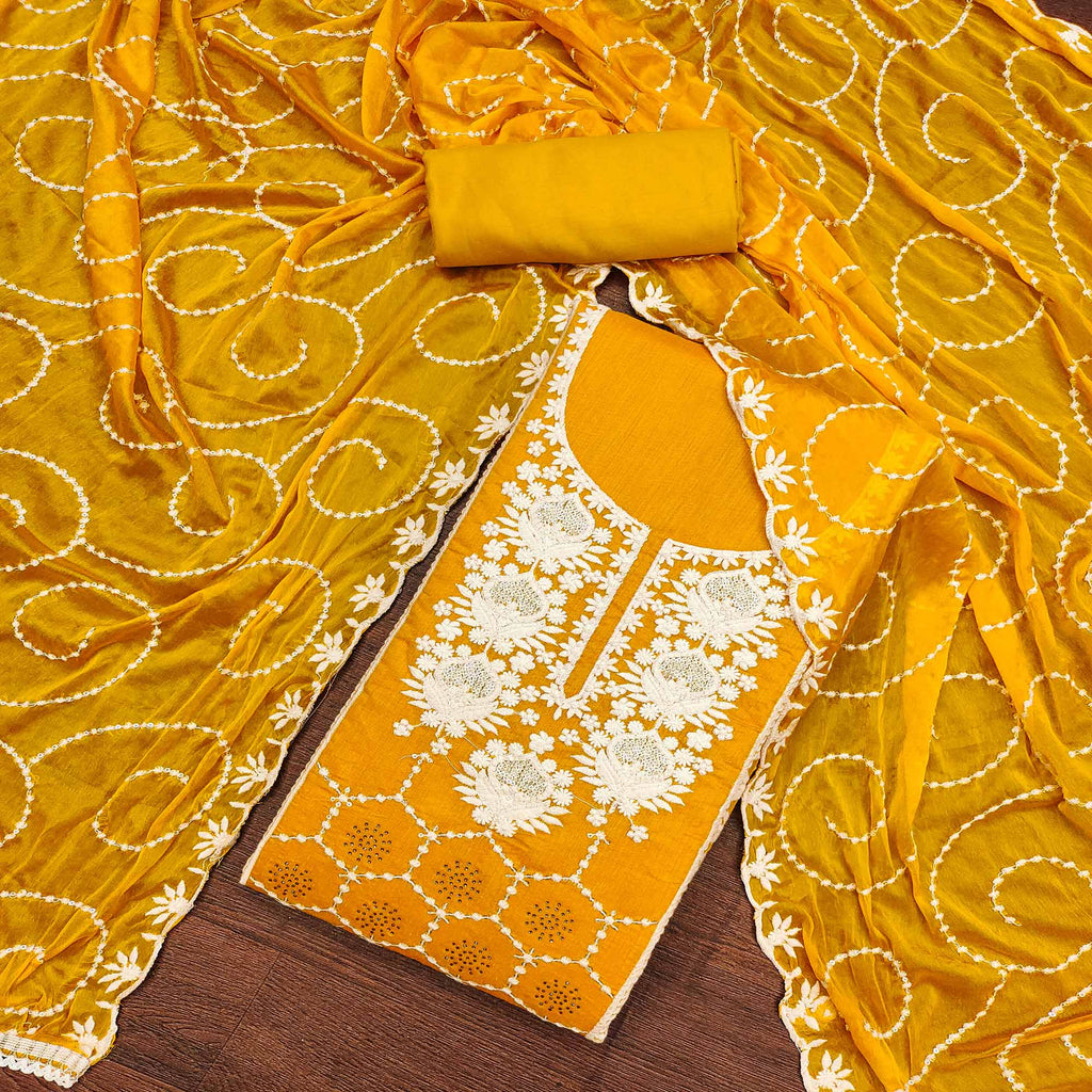Mustard Floral Sequins Embroidered Chanderi Silk Dress Material