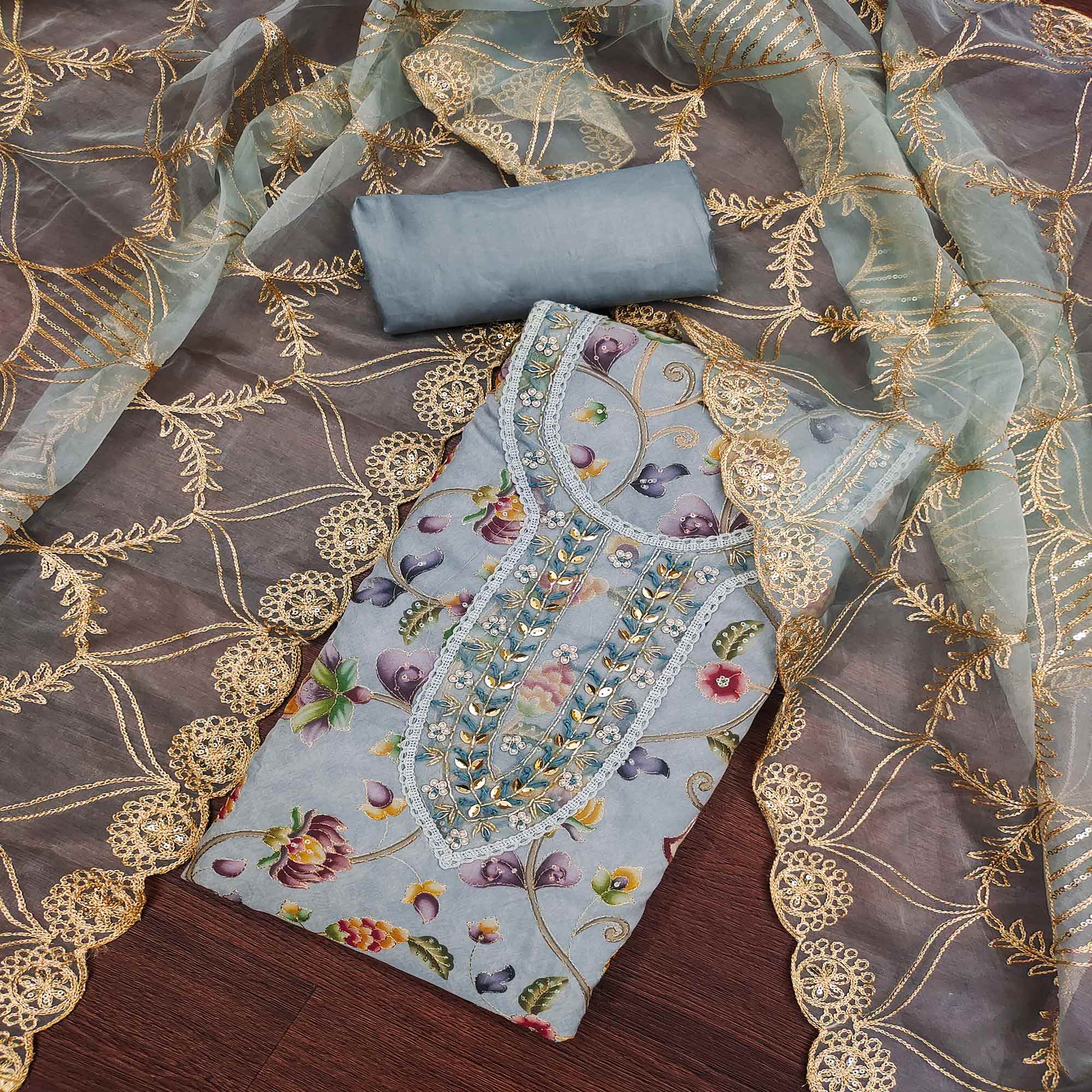 Grey Floral Digital Printed With Hand Embroidery Organza Dress Material