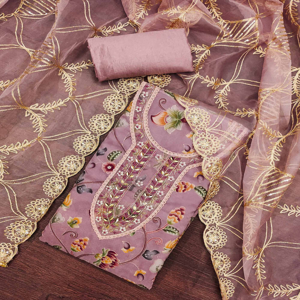 Mauve Floral Digital Printed With Hand Embroidery Organza Dress Material