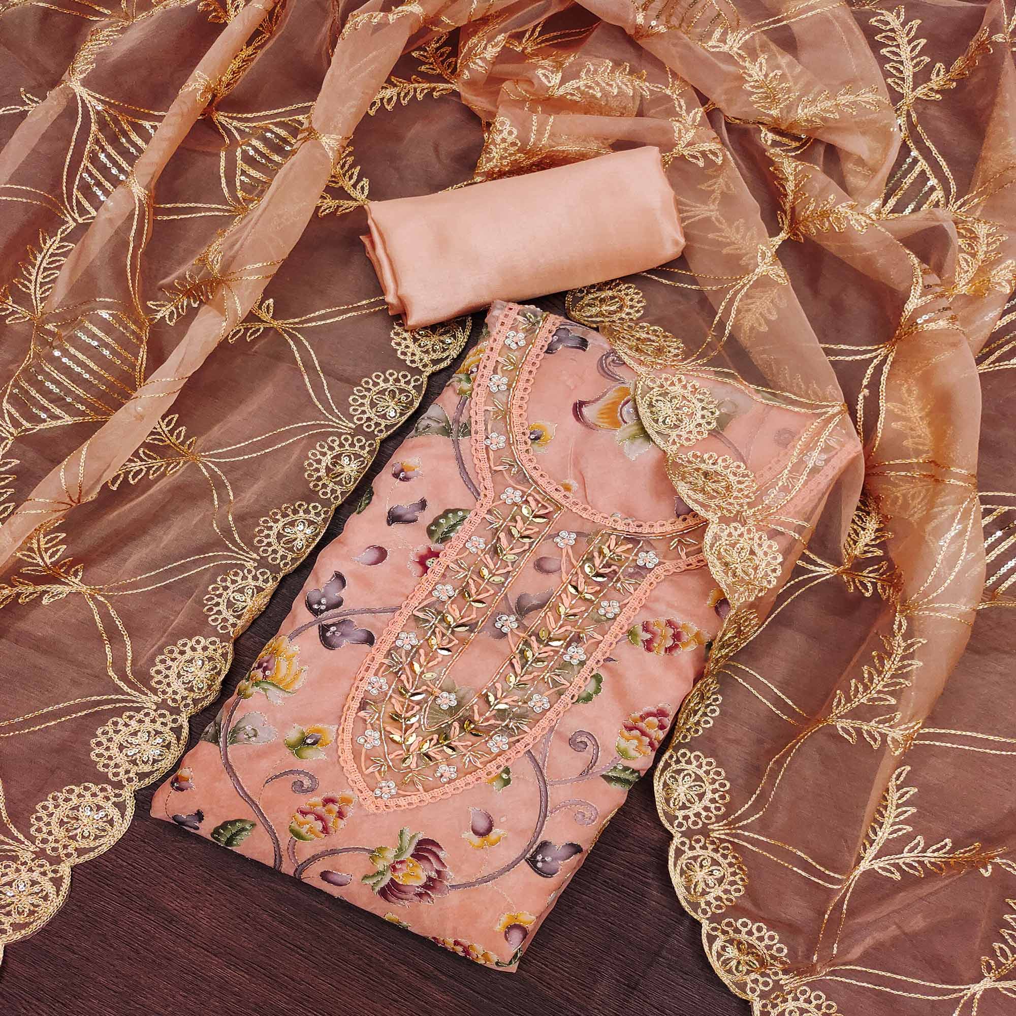 Peach Floral Digital Printed With Hand Embroidery Organza Dress Material