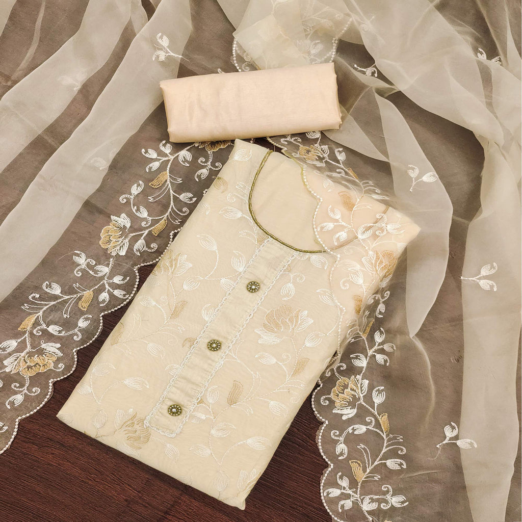 Cream Floral Embroidered Chanderi Silk Dress Material