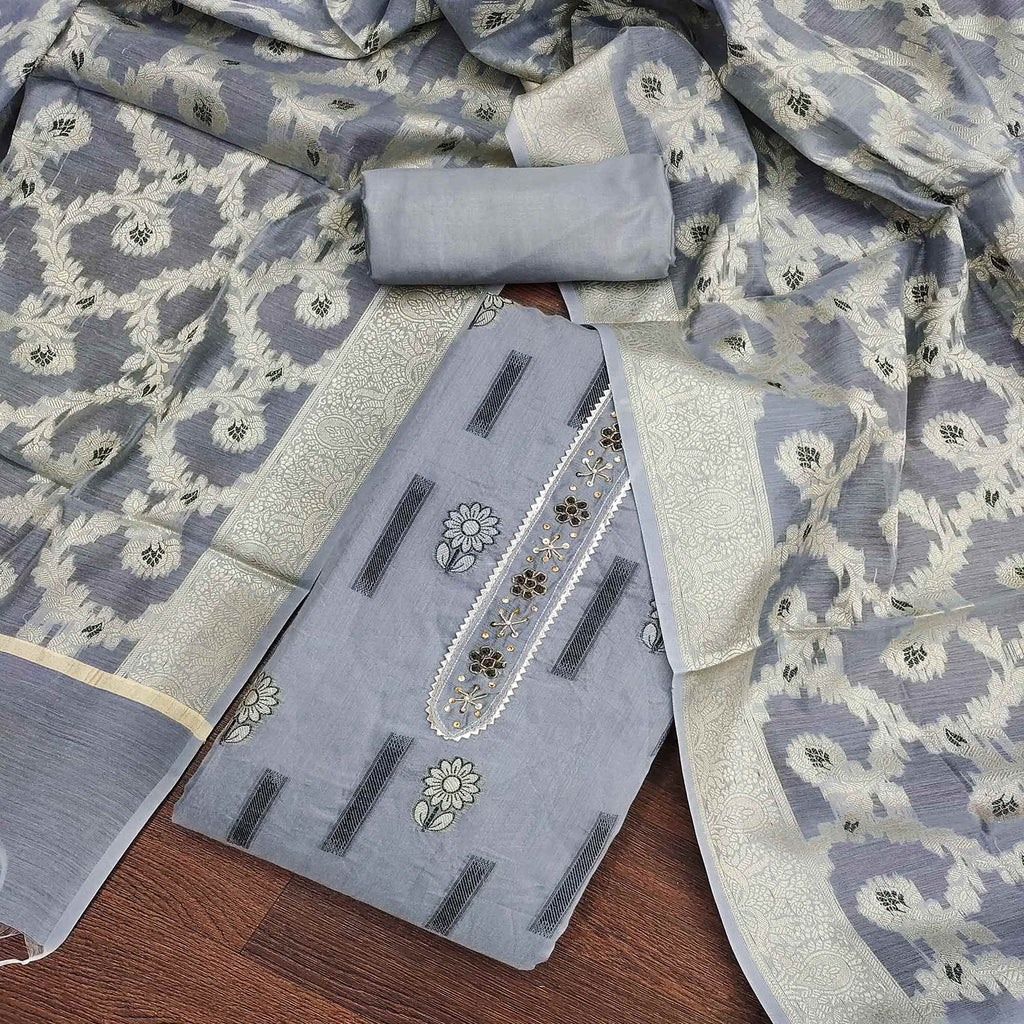 Grey Floral Woven With Handwork Chanderi Silk Dress Material