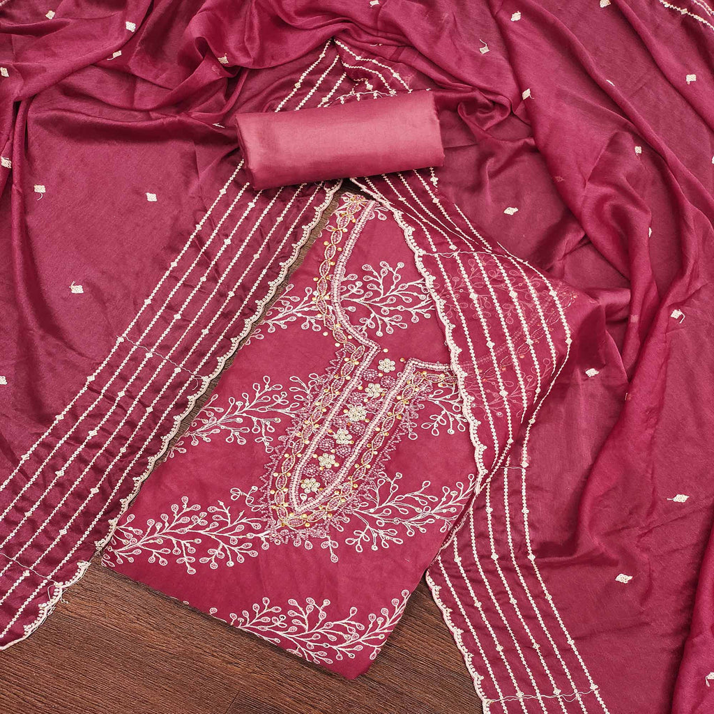 Pink Sequins Embroidery With Handwork Organza Dress Material