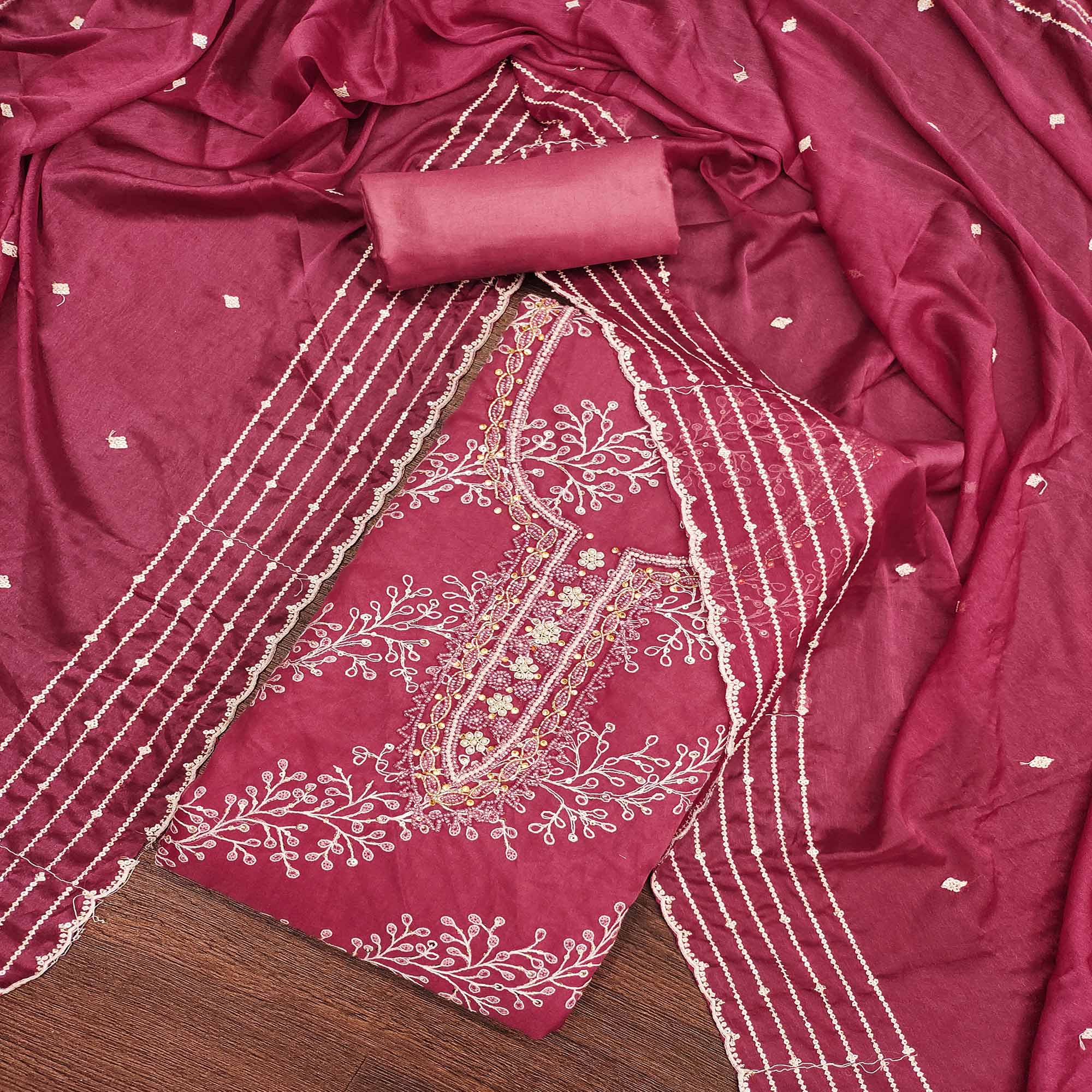 Pink Sequins Embroidery With Handwork Organza Dress Material