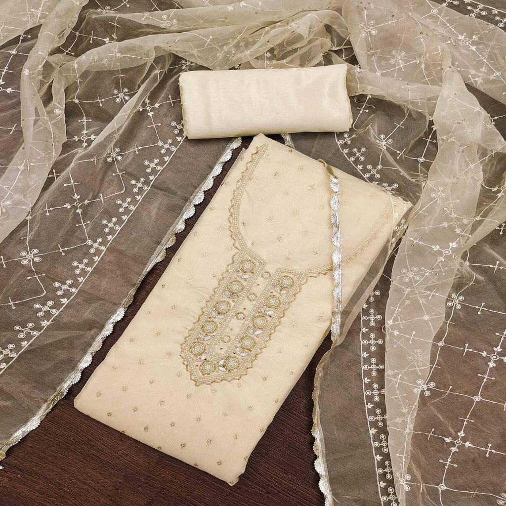 Offwhite Woven With Handwork Organza Dress Material