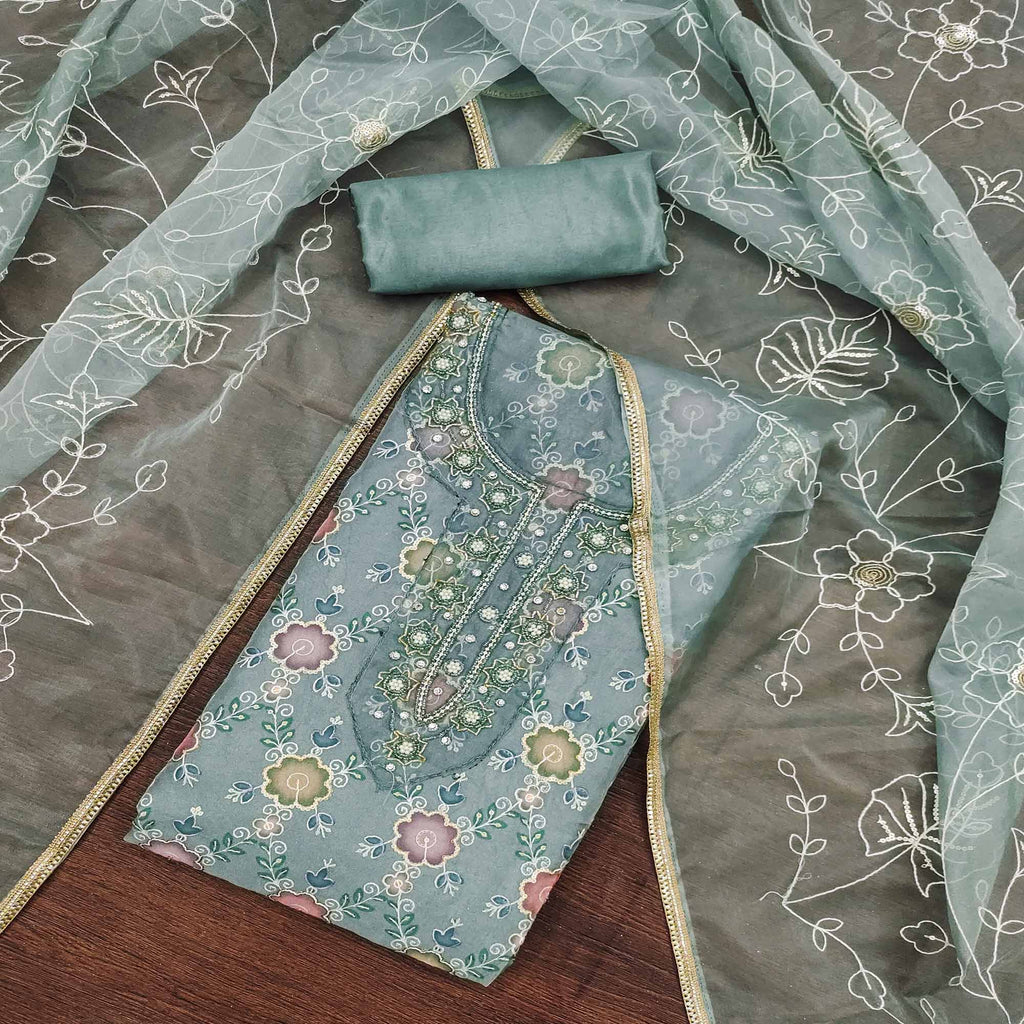 Blue Digital Printed With Hand Embroidered Organza Dress Material