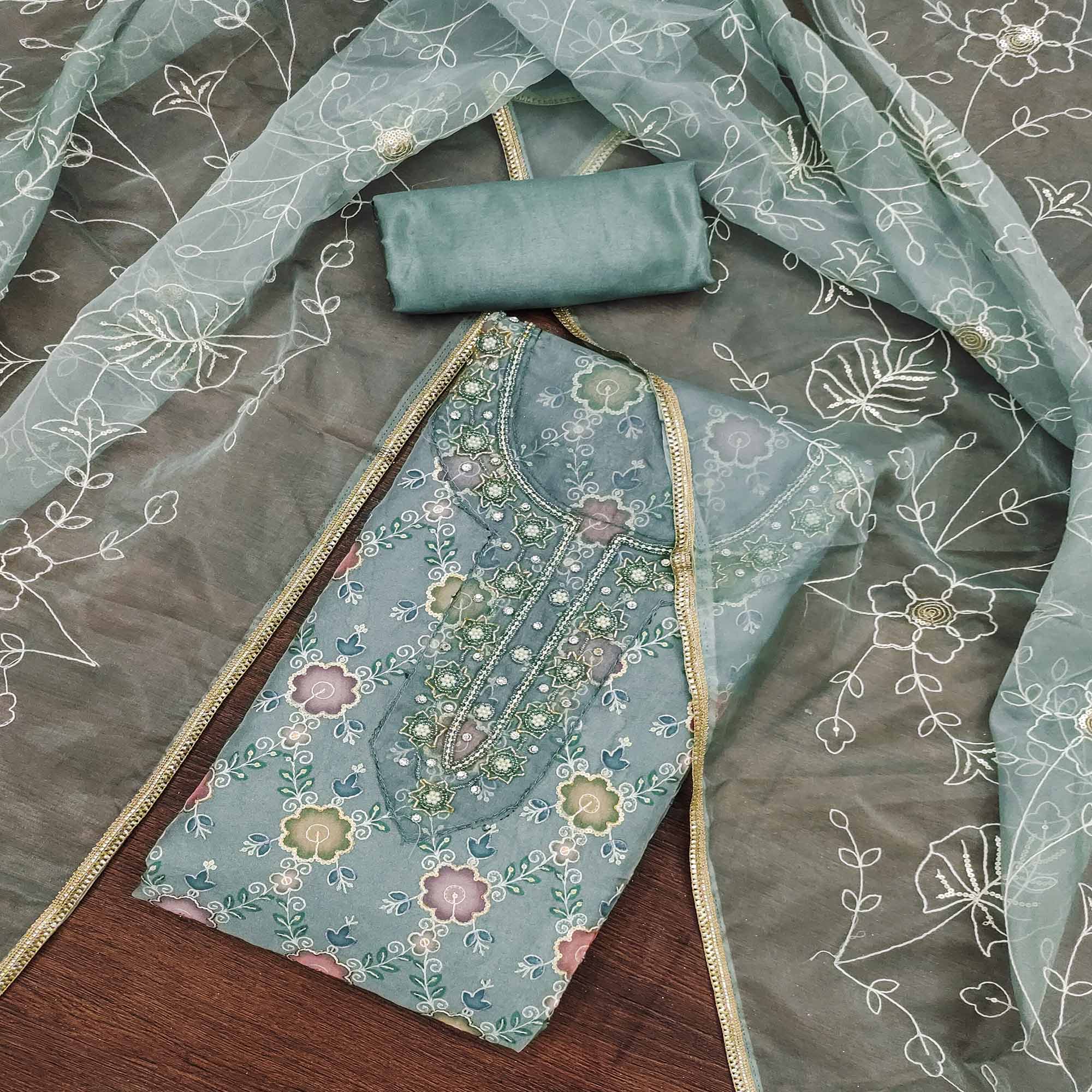 Blue Digital Printed With Hand Embroidered Organza Dress Material