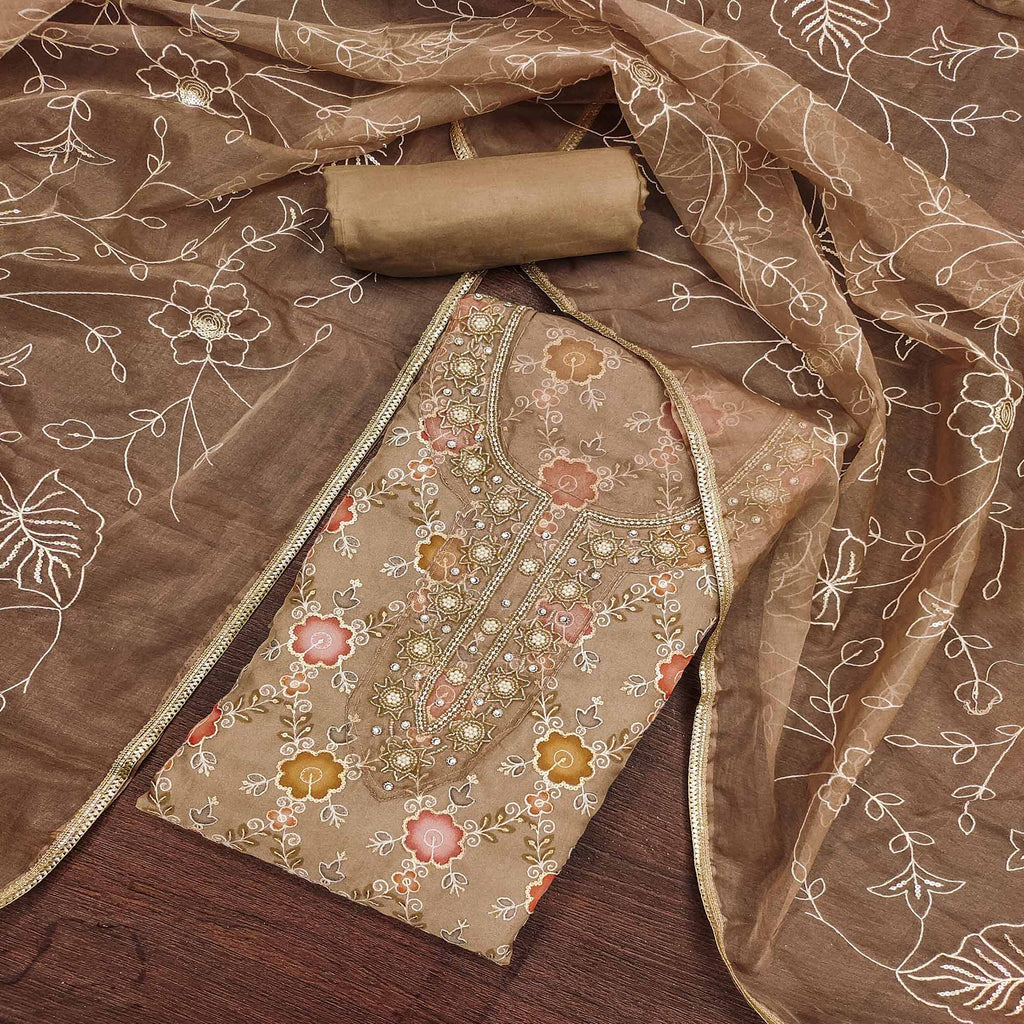 Brown Digital Printed With Hand Embroidered Organza Dress Material