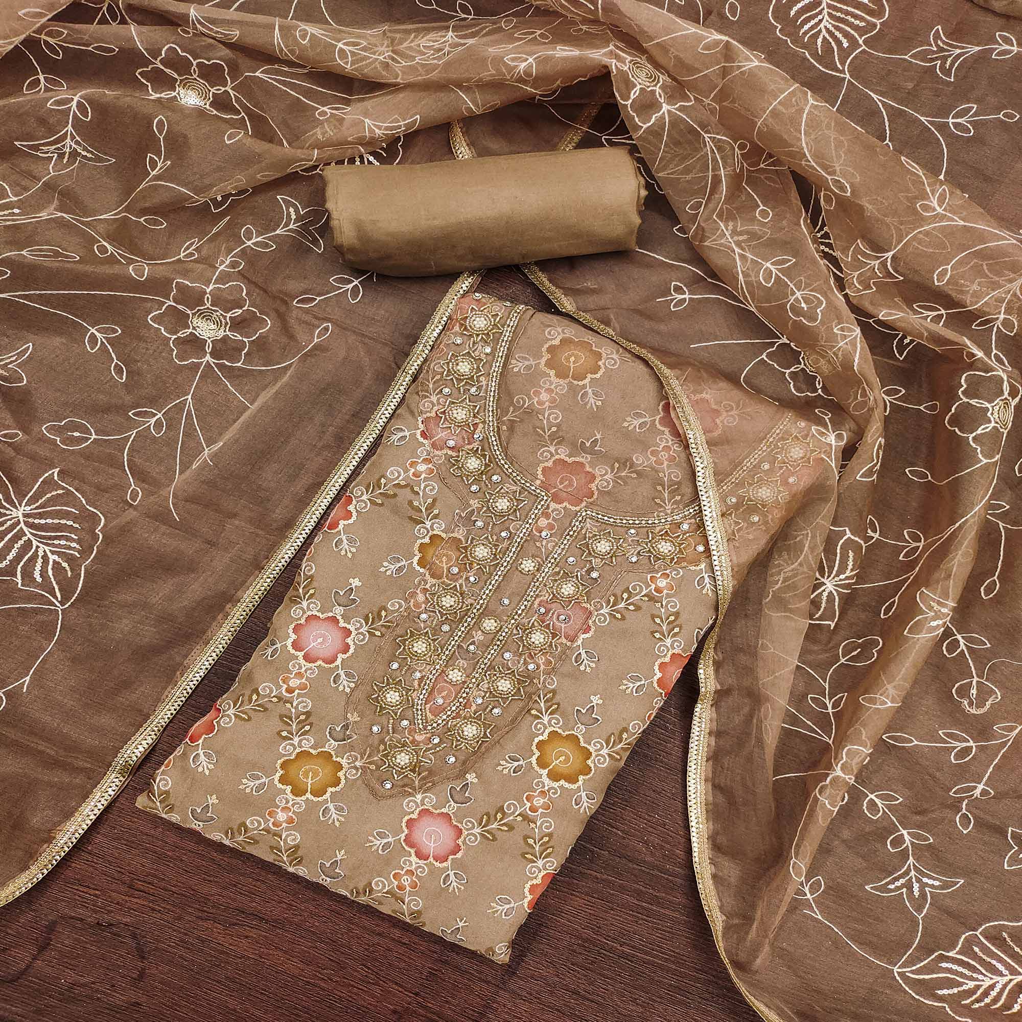 Brown Digital Printed With Hand Embroidered Organza Dress Material