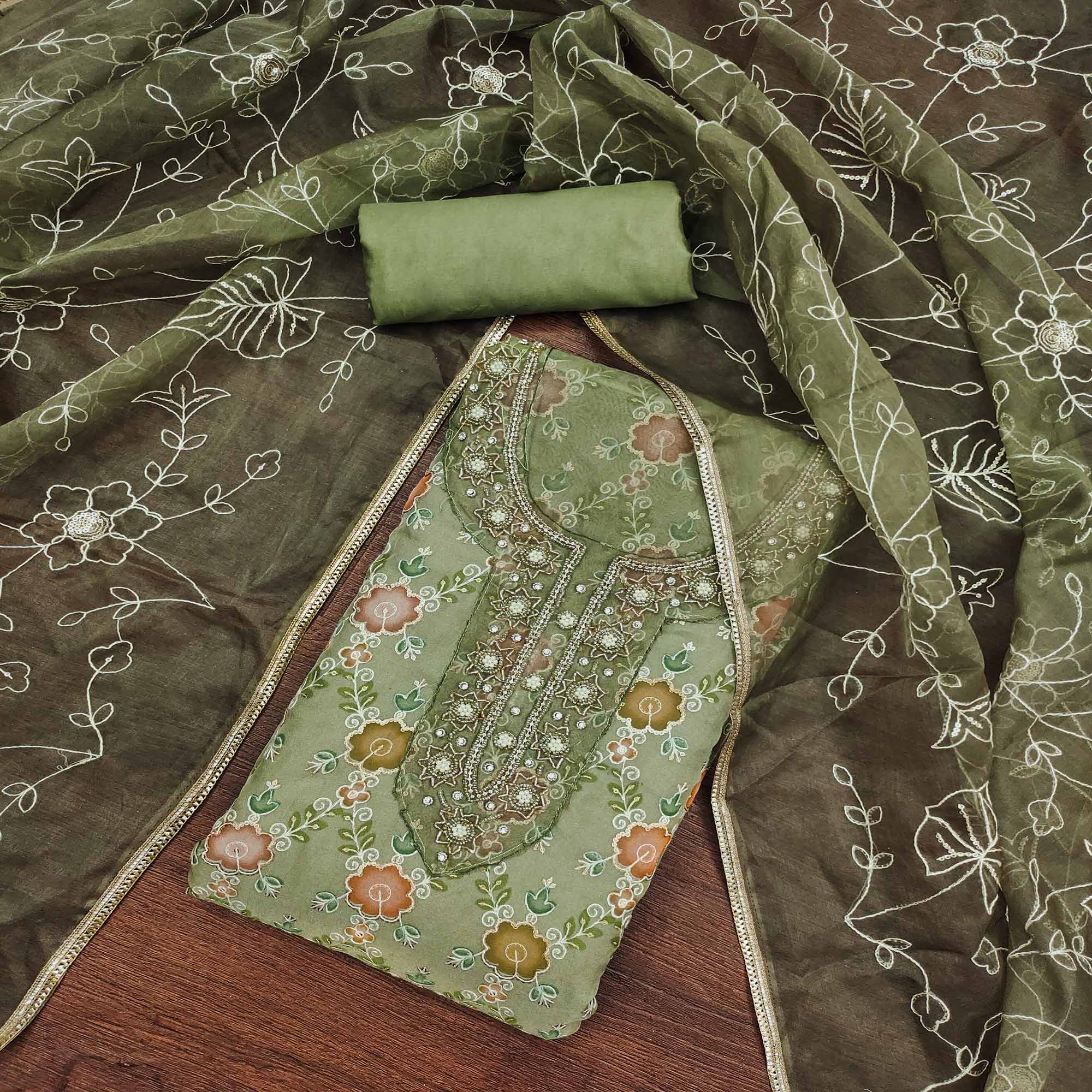 Green Digital Printed With Hand Embroidered Organza Dress Material