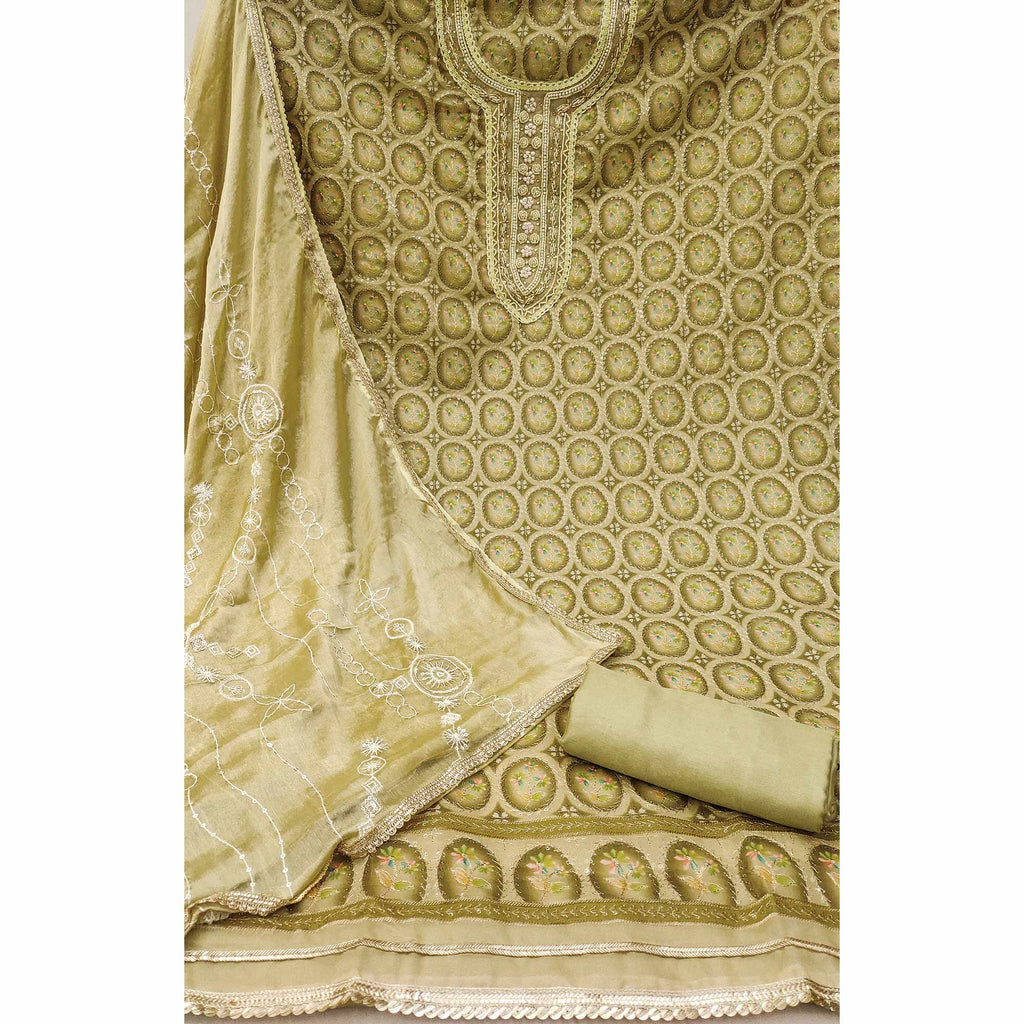 Olive Sequins Embroidery With Handwork Organza Dress Material