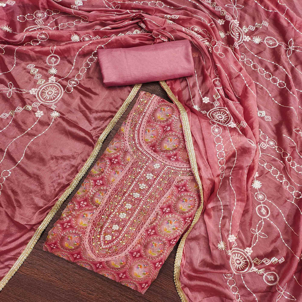 Pink Sequins Embroidery With Handwork Organza Dress Material