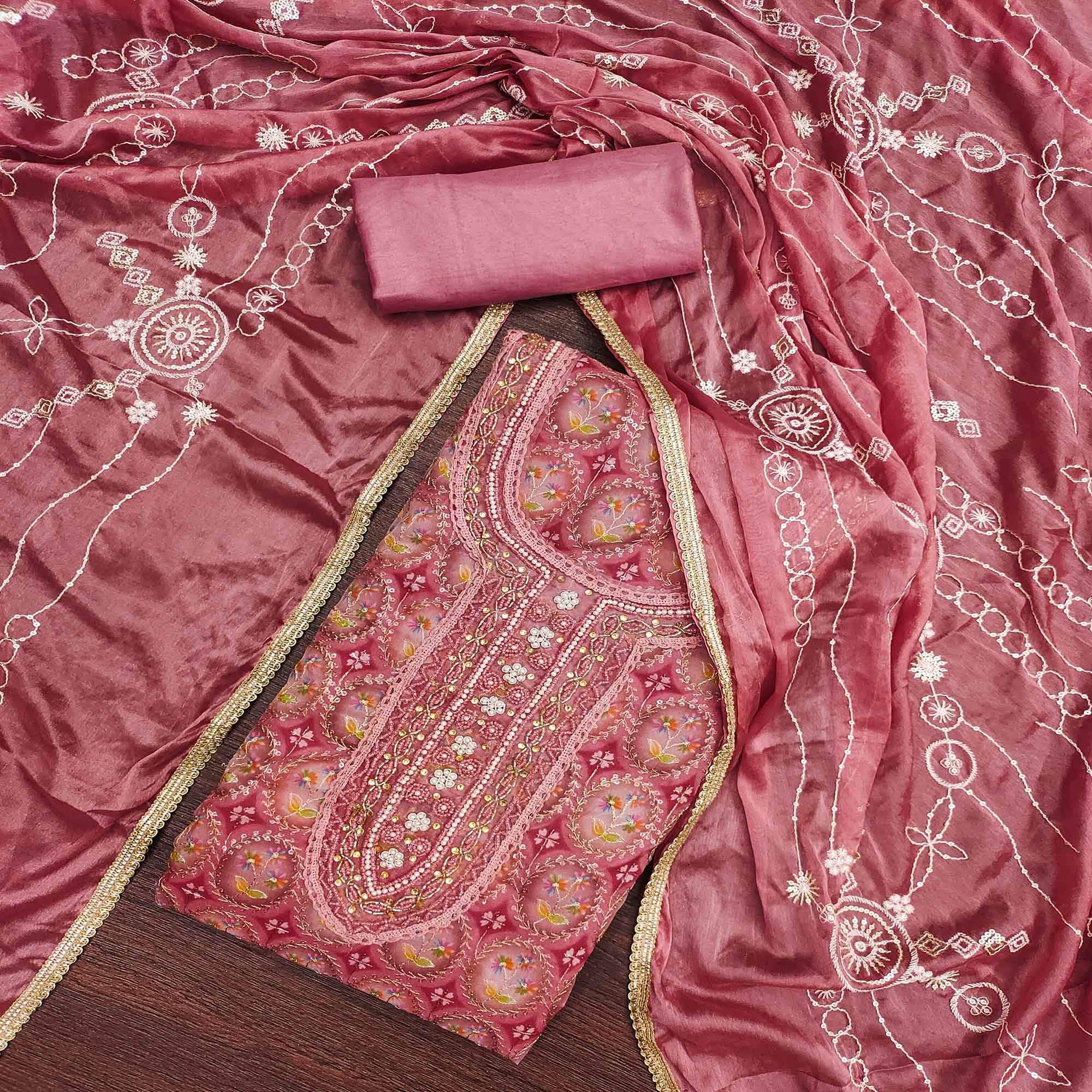 Pink Sequins Embroidery With Handwork Organza Dress Material