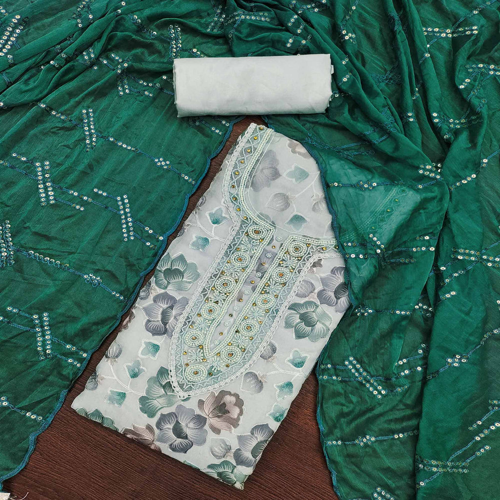 Light Grey Hand Embroidery With Digital Printed Organza Dress Material