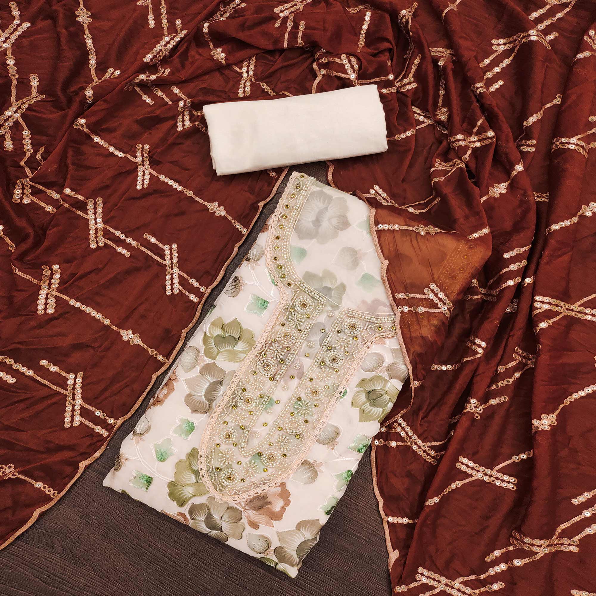 Light Peach Hand Embroidery With Digital Printed Organza Dress Material