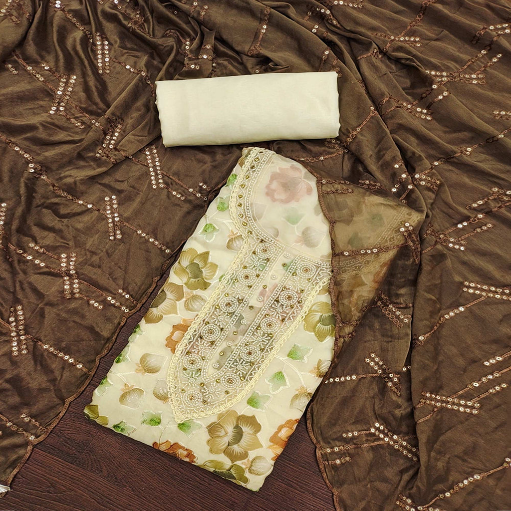 Light Yellow Hand Embroidery With Digital Printed Organza Dress Material