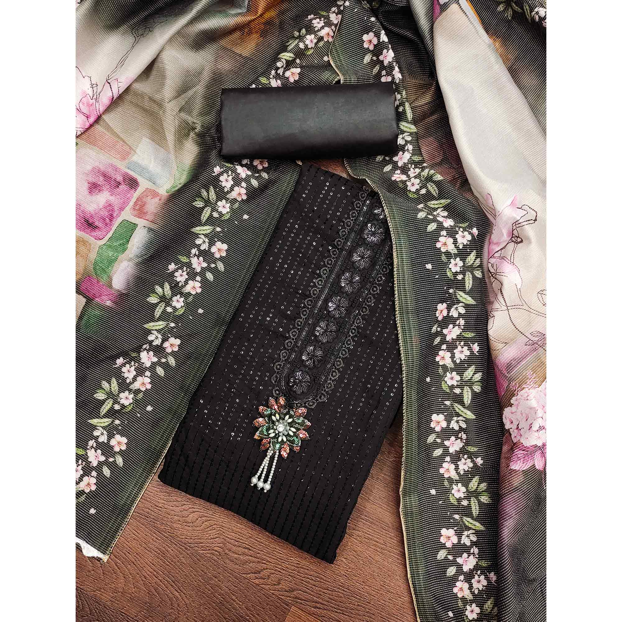 Black Floral Sequins Embroidered Cotton Silk Dress Material