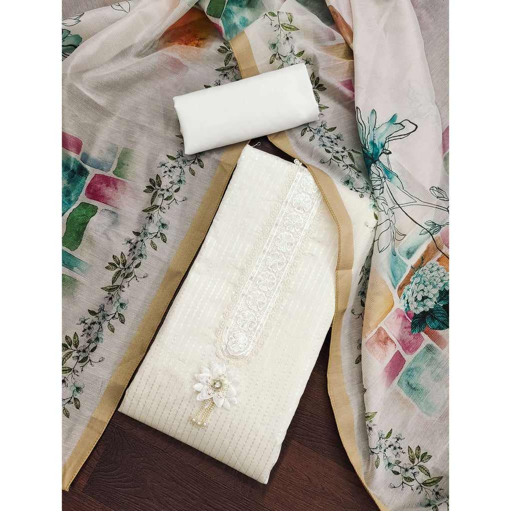 Offwhite Floral Sequins Embroidered Cotton Silk Dress Material