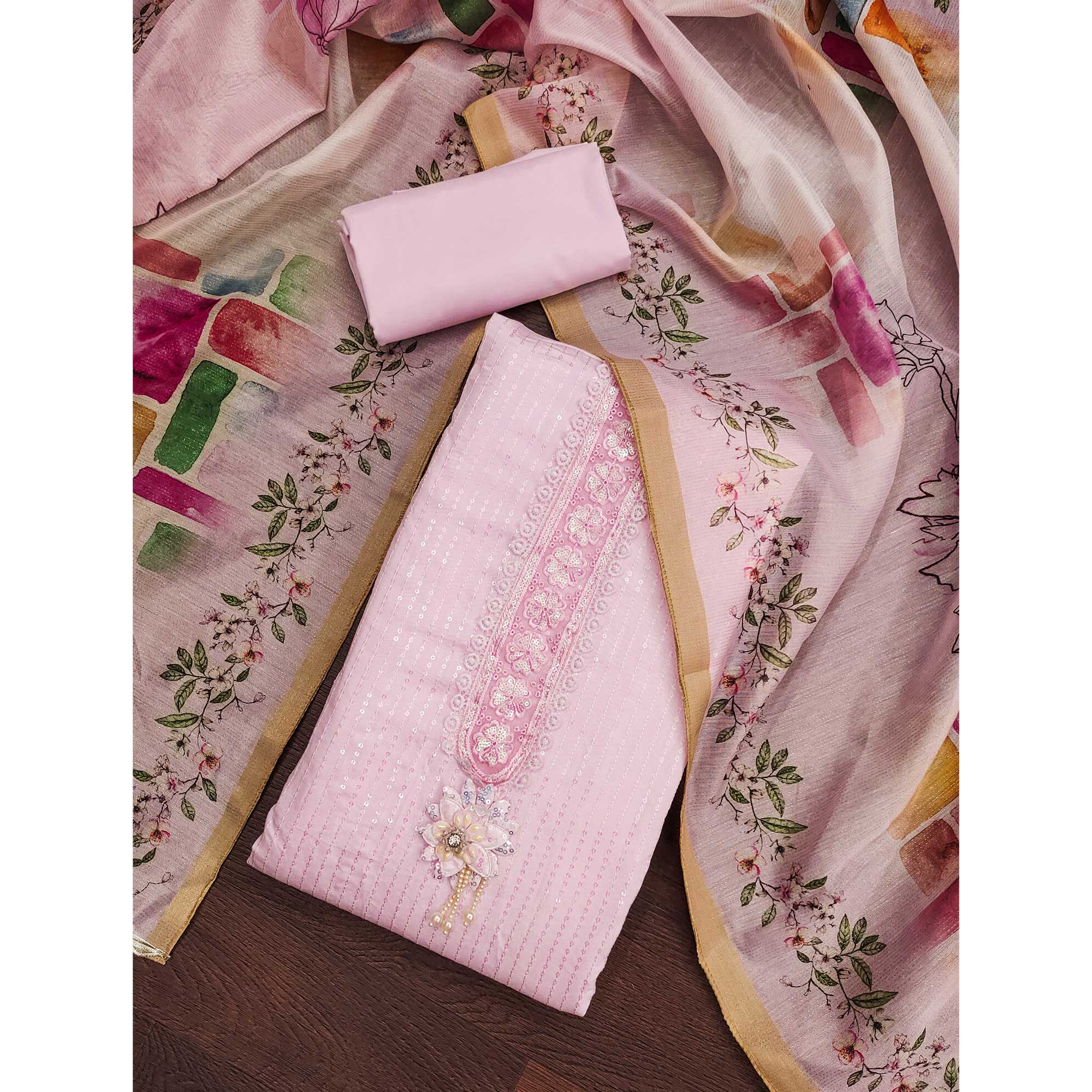 Pink Floral Sequin Embroidered Cotton Silk Dress Material