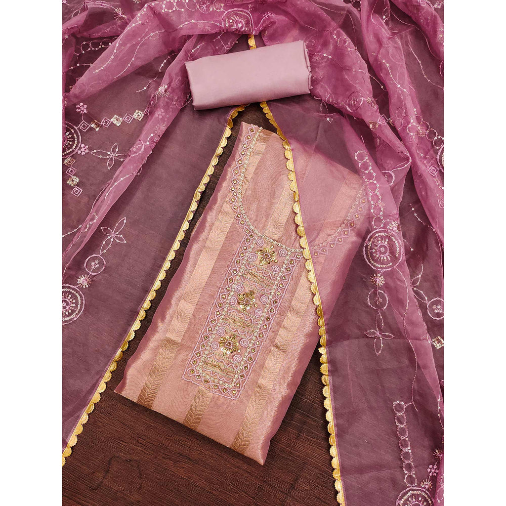 Mauve Sequins Hand Embroidery Organza Dress Material