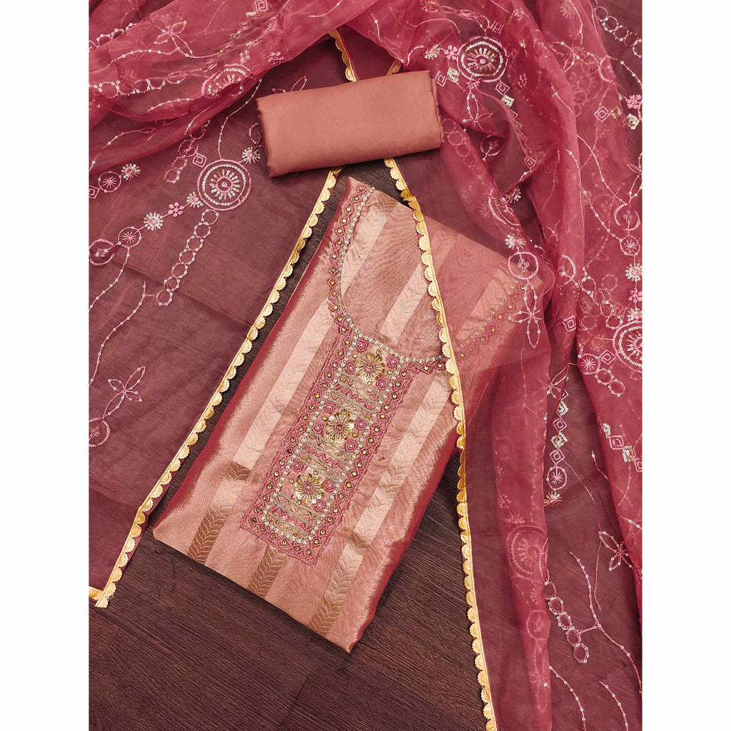 Peach Sequins Hand Embroidery Organza Dress Material