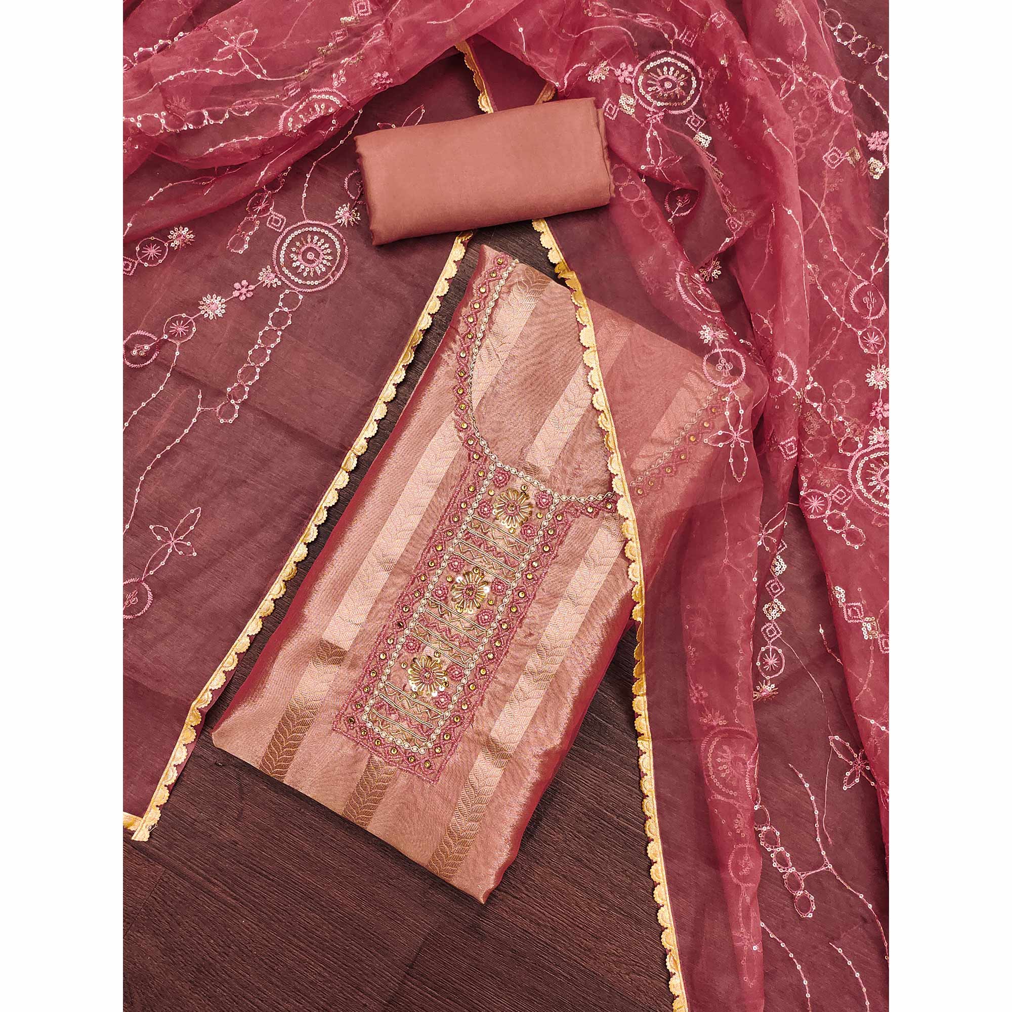 Peach Sequins Hand Embroidery Organza Dress Material