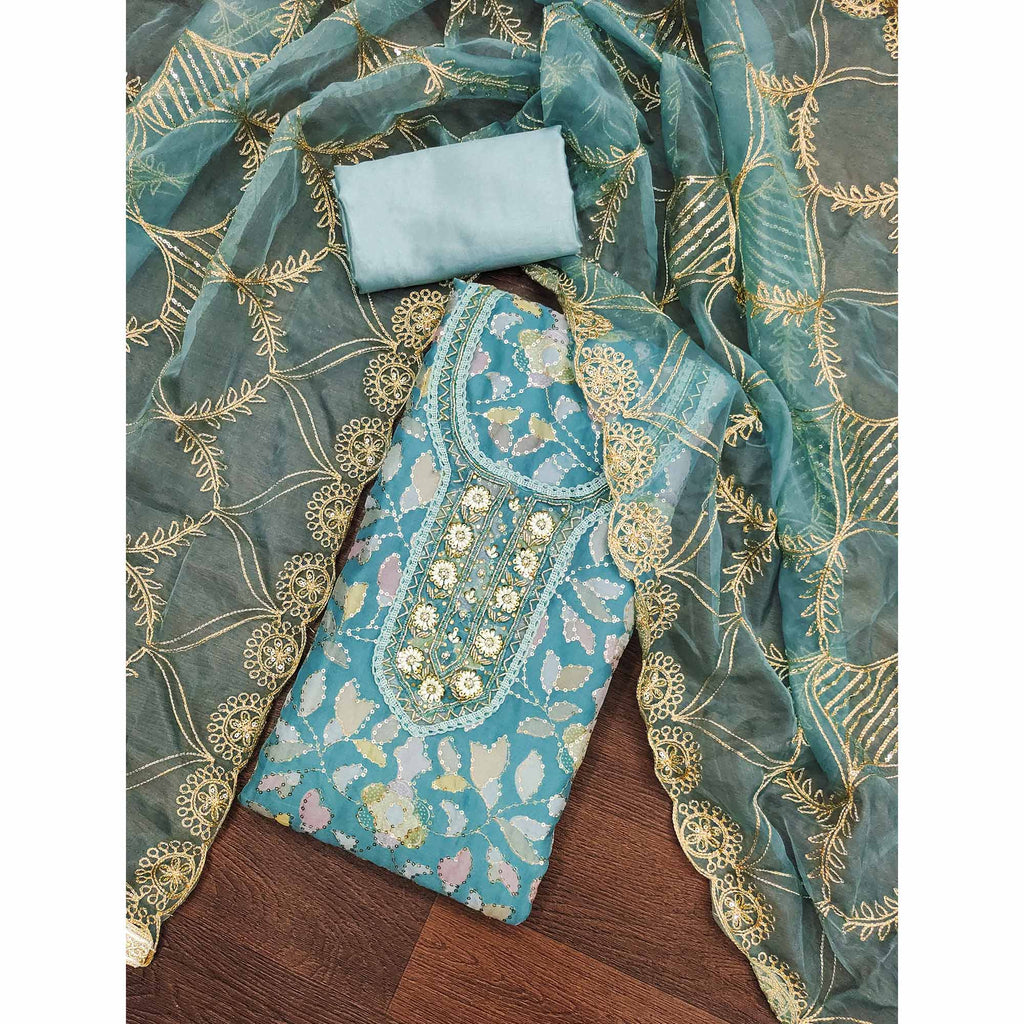 Blue Floral Sequins Embroidery Organza Dress Material