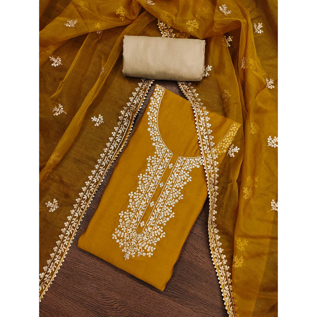 Mustard Sequins Embroidered Cotton Silk Dress Material