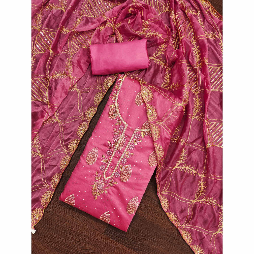 Pink Printed With Hand Embroidered Chanderi Silk Dress Material