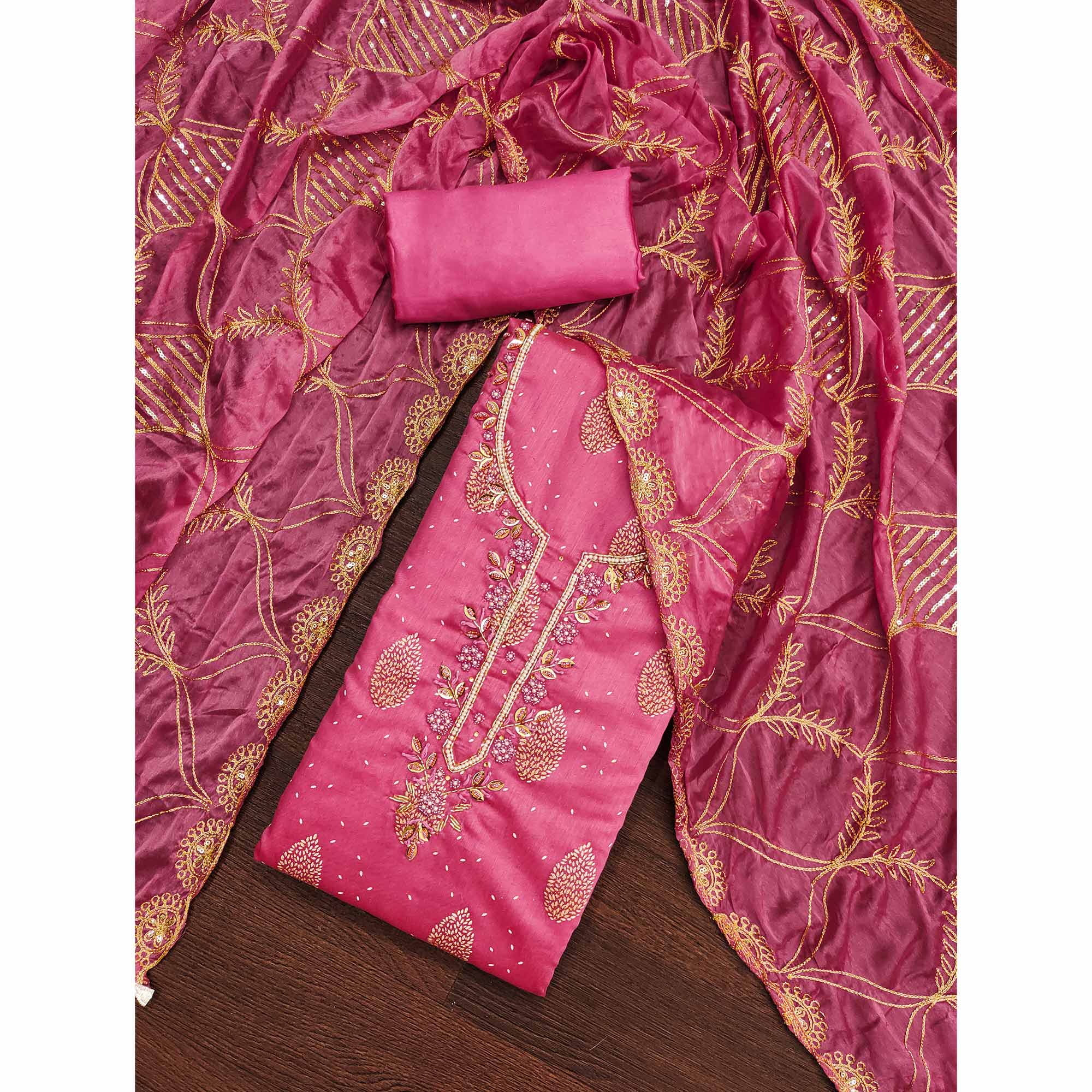 Pink Printed With Hand Embroidered Chanderi Silk Dress Material