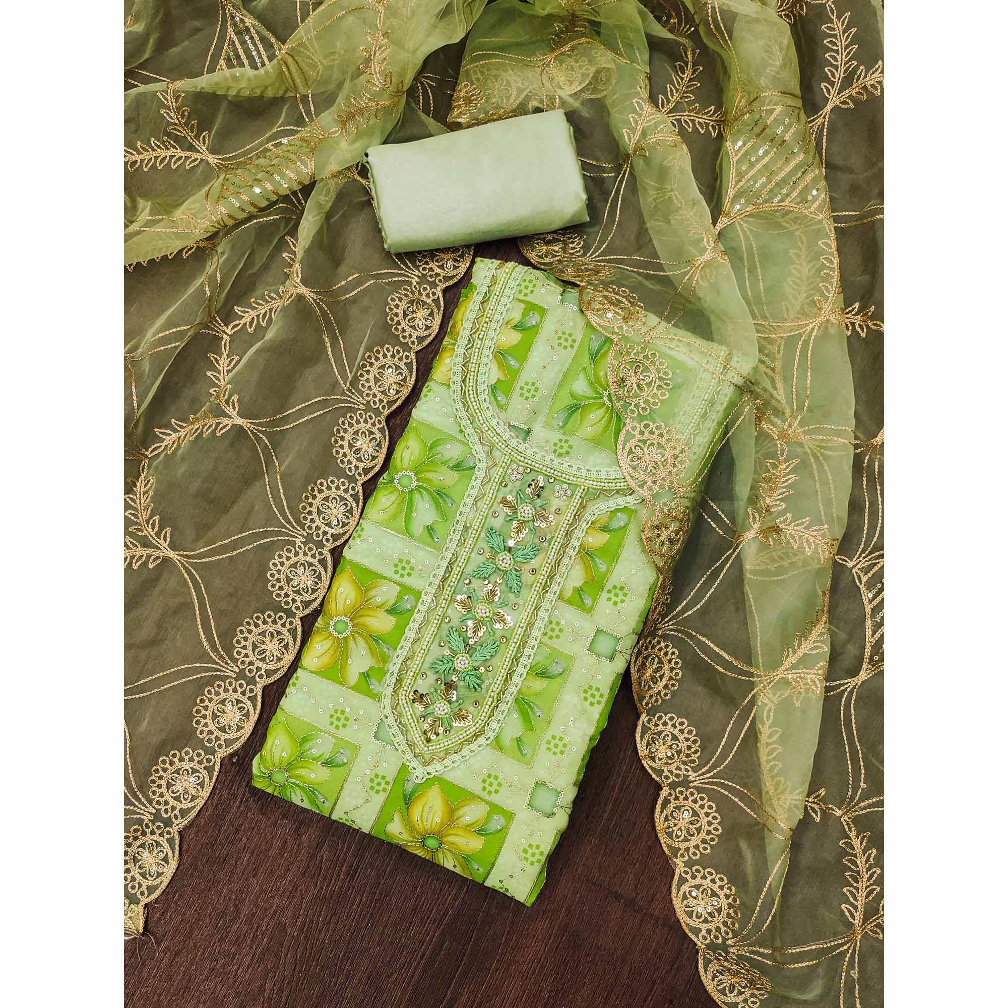Green Floral Print With Sequins Hand Embroidered Organza Dress Material