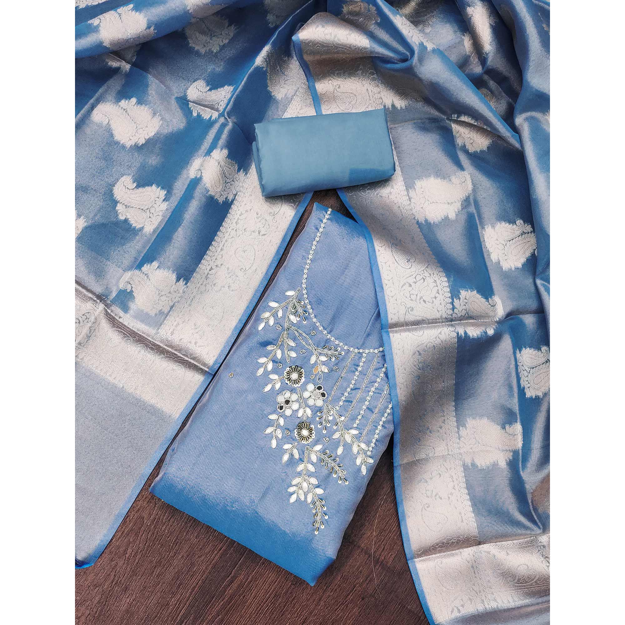 Blue Floral Moti With Gota Patti Handwork Viscose Dress Material