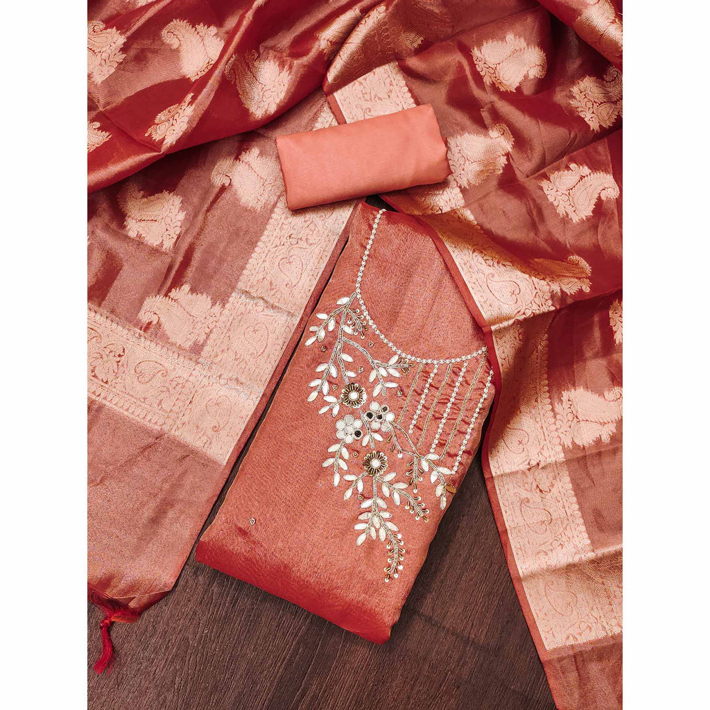 Dark Peach Floral Moti With Gota Patti Handwork Viscose Dress Material