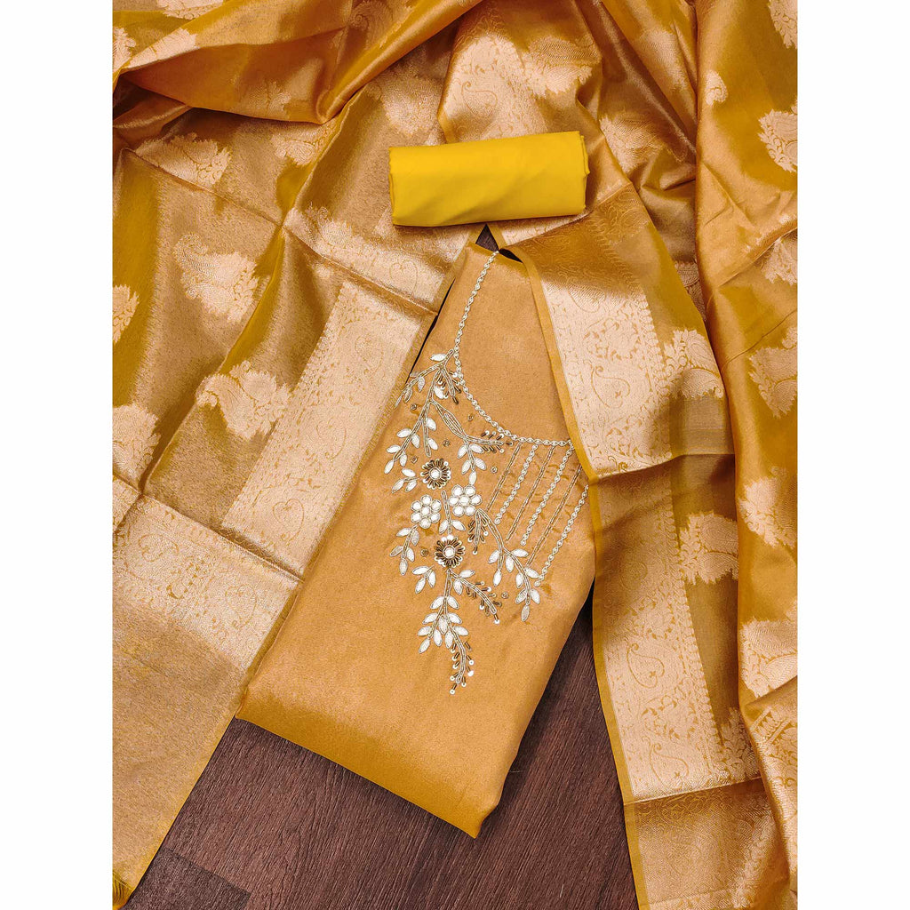 Mustard Floral Moti With Gota Patti Handwork Viscose Dress Material