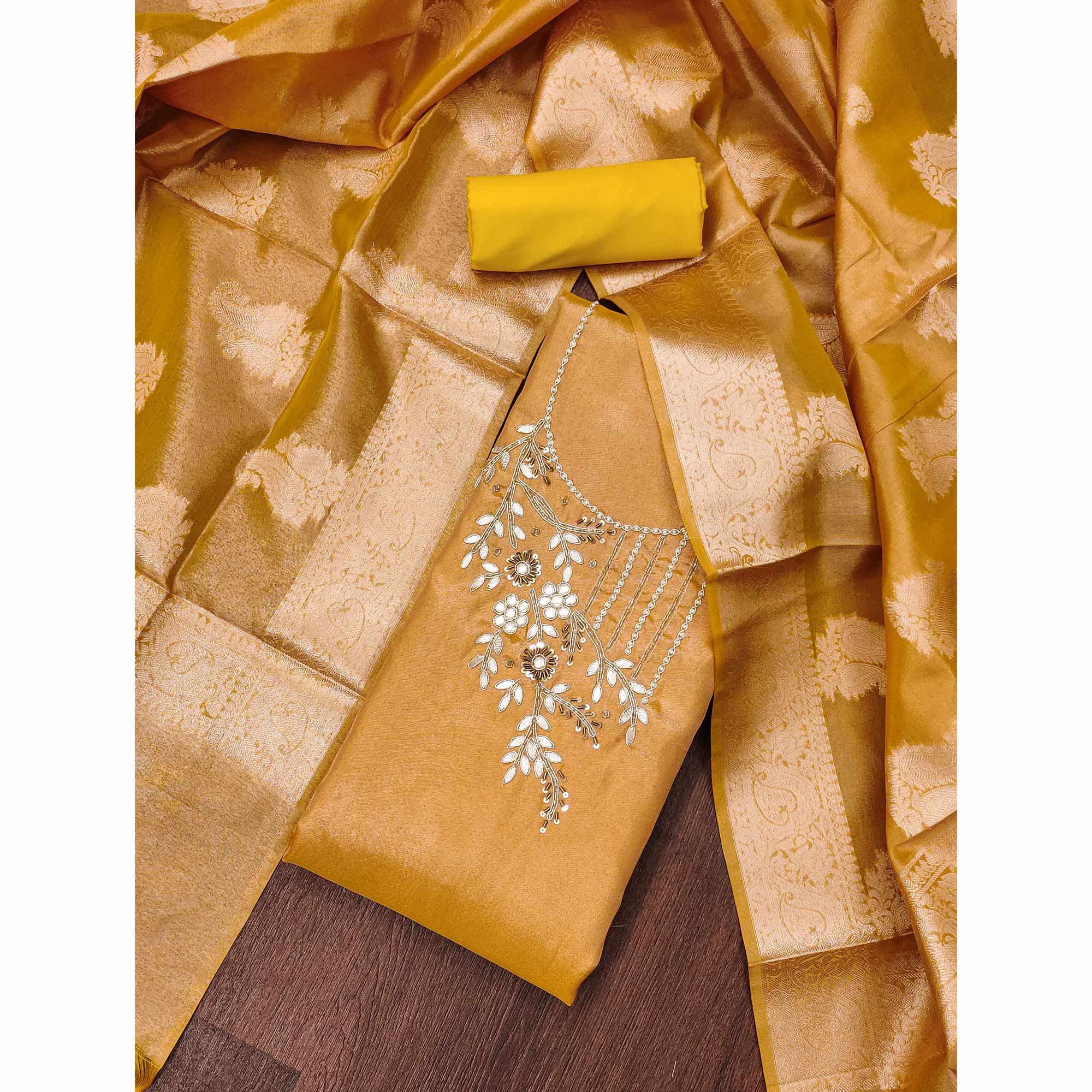 Mustard Floral Moti With Gota Patti Handwork Viscose Dress Material