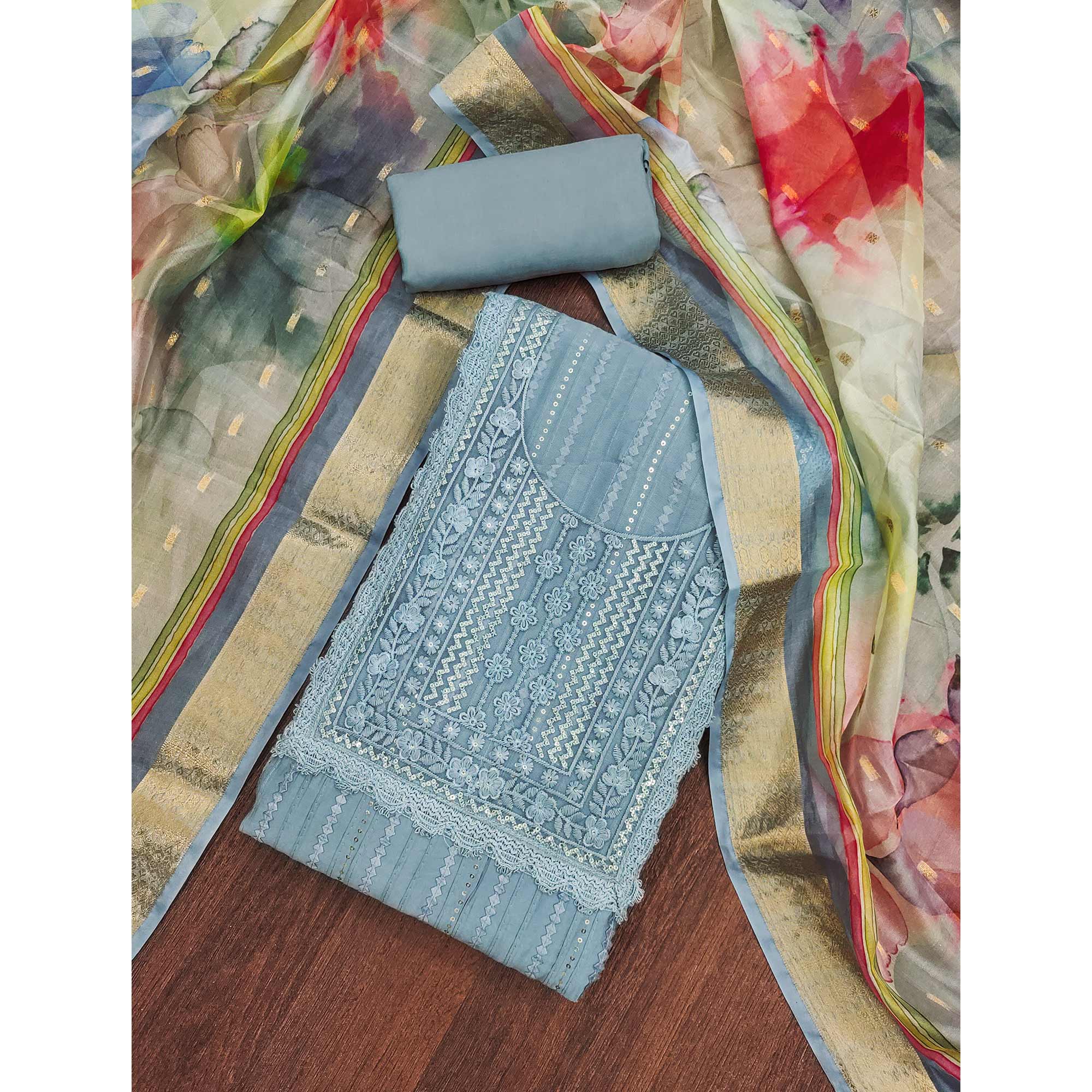 Grey Floral Sequins Embroidered Cotton Silk Dress Material